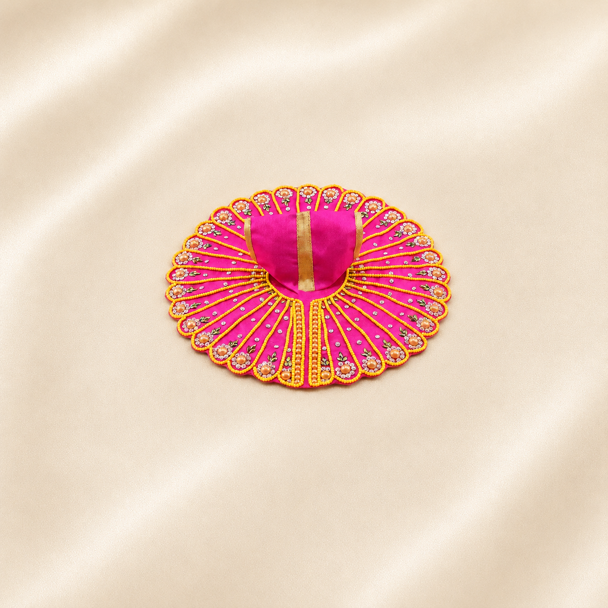 Rani pink Laddu Gopal dress with pearl floral work and golden borders