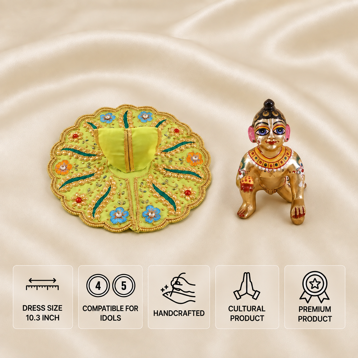 Cream handcrafted Laddu Gopal dress for 4 and 5 number idols with green leaf embroidery and golden floral detailing.