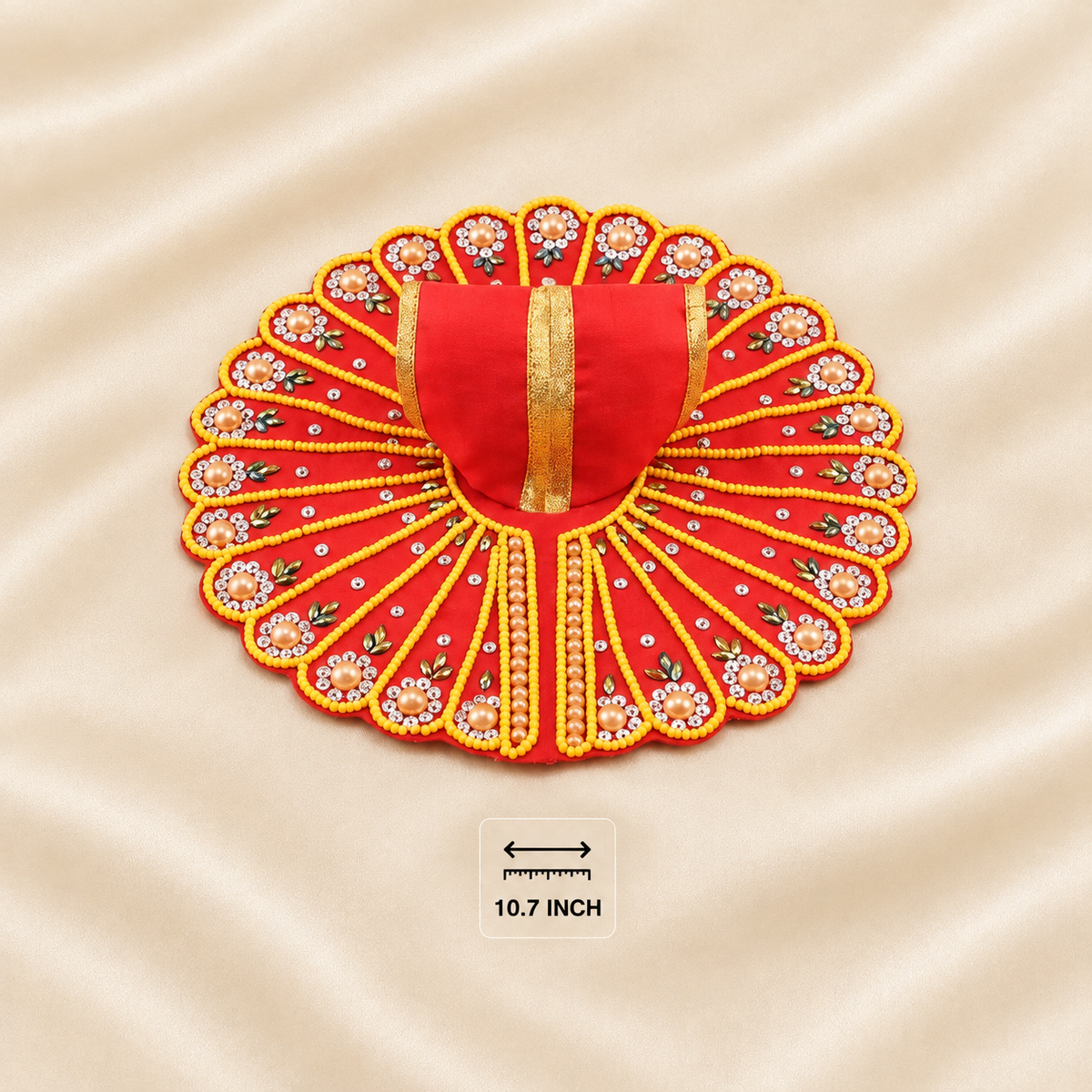 Red Laddu Gopal dress with gold trim, pearl beads and floral embroidery, 10.7 inch.