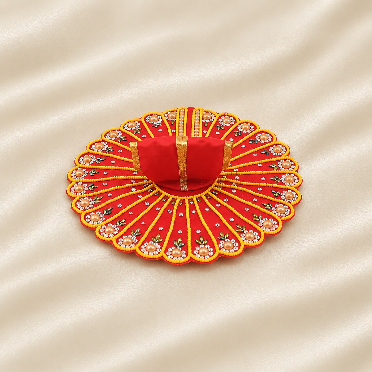 Red embroidered Laddu Gopal dress with gold beadwork and floral embellishments