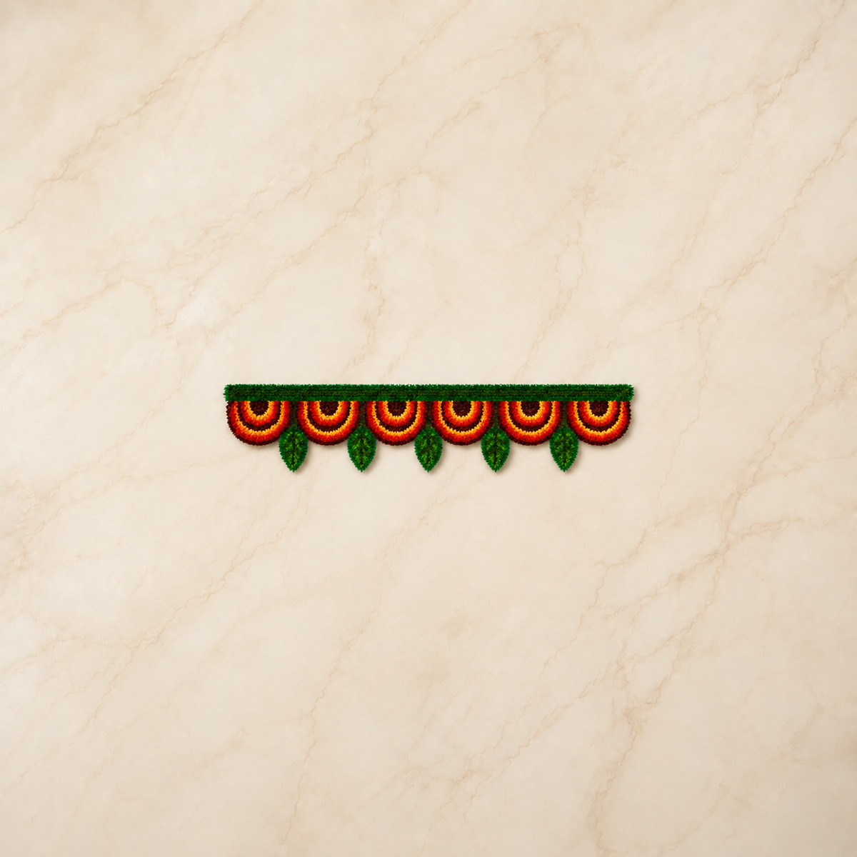 Red and orange floral rangoli border with six semicircle motifs and green leaves