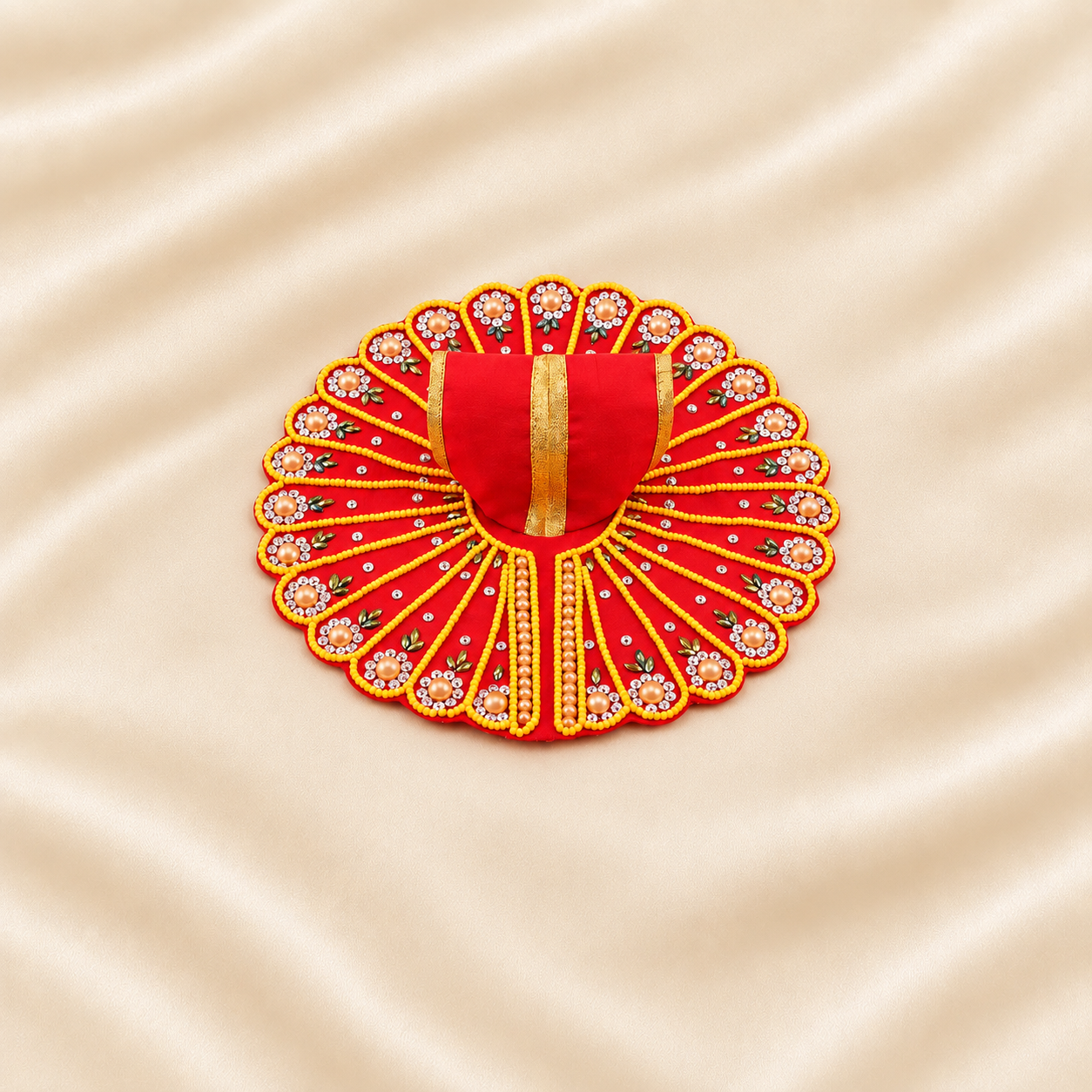 Red Laddu Gopal dress with pearl flowers, golden borders and stone work