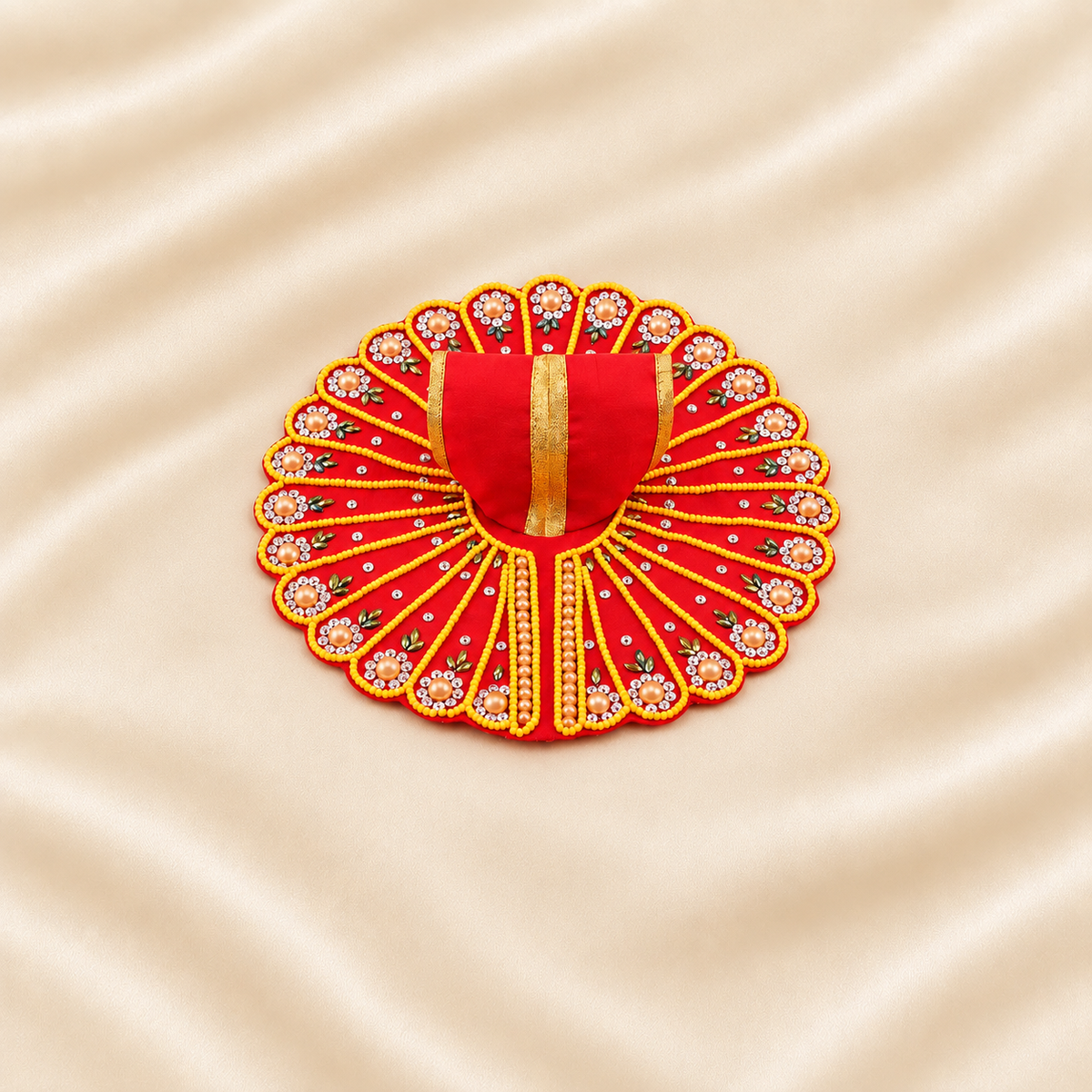 Red Laddu Gopal dress with pearl flowers, golden borders and stone work