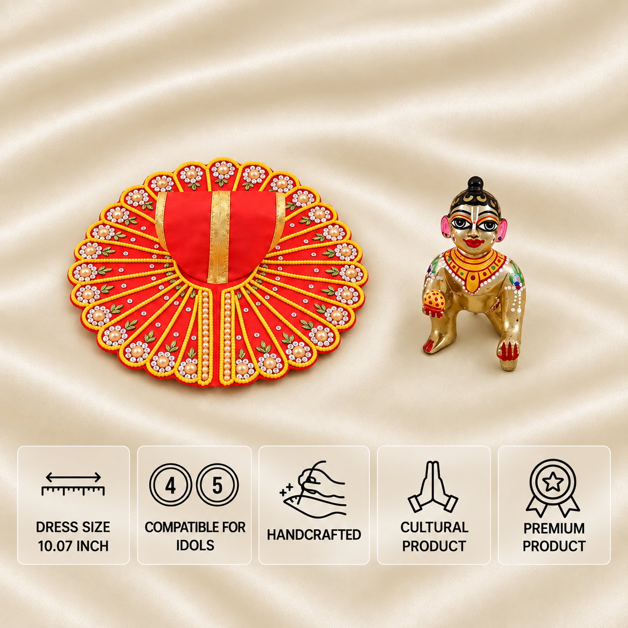 Red Laddu Gopal dress for 4 and 5 number idols with pearl floral detailing, golden border and painted idol.