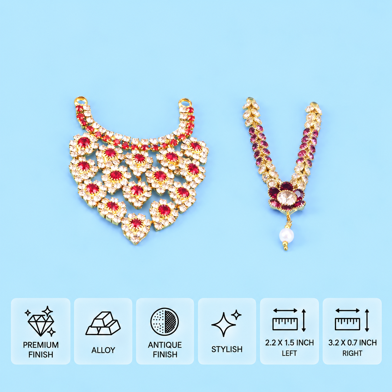 Two gold-toned imitation idol necklaces with red and clear stones, one with a pearl drop, on a blue background with feature and dimension cards.
