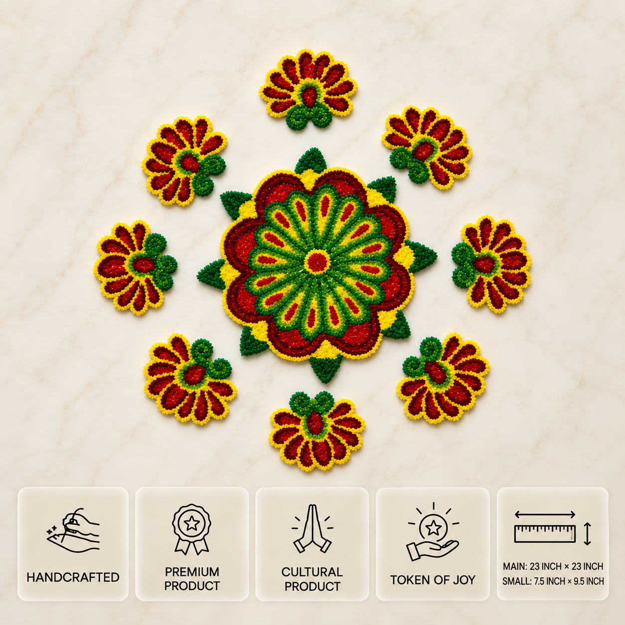 Red, yellow and green floral rangoli set with a central flower and eight matching pieces, with dimension cards below.