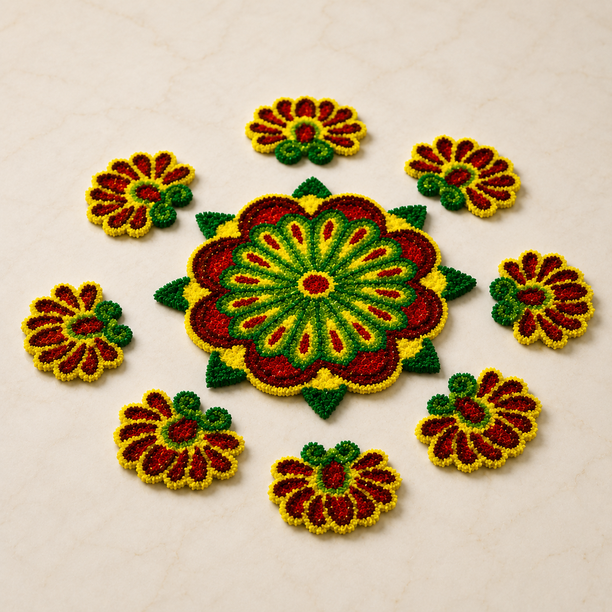 Reusable floral floor rangoli with green red and yellow handmade flower designs for festive decoration