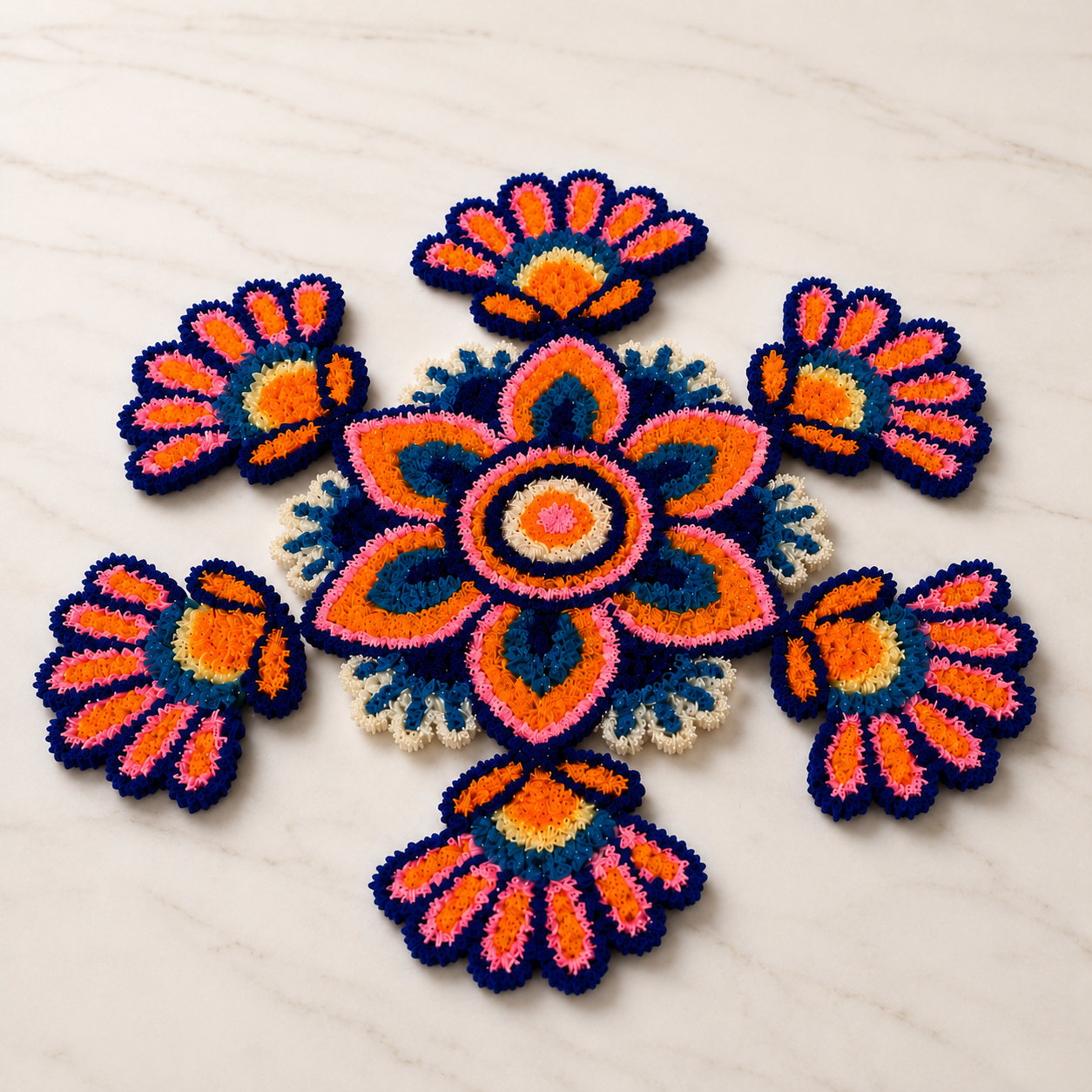 Reusable handmade woolen rangoli with colourful floral pattern for home and festive decor