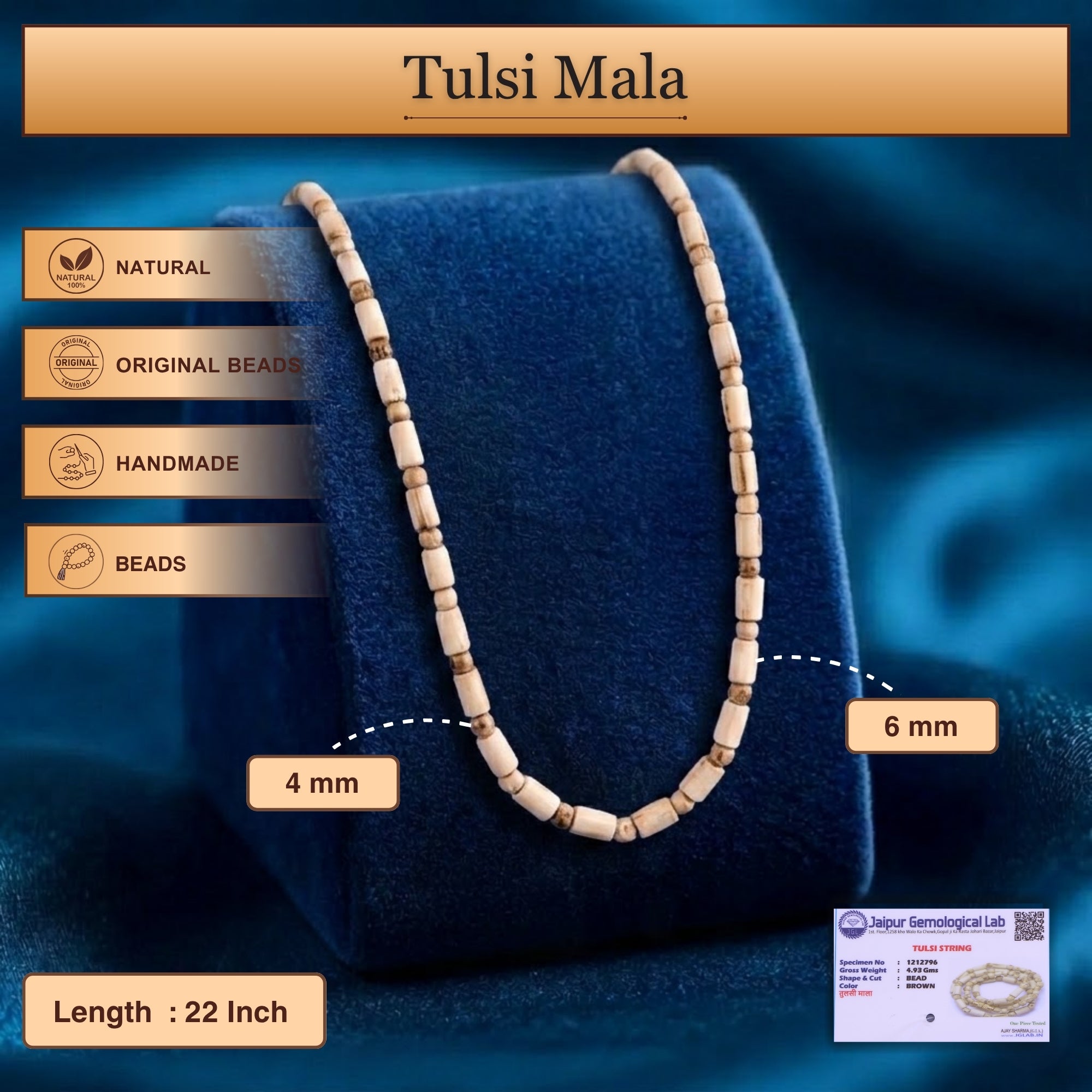 Size and material details showing the alternating round and cylindrical beads on the Tulsi kanthi mala