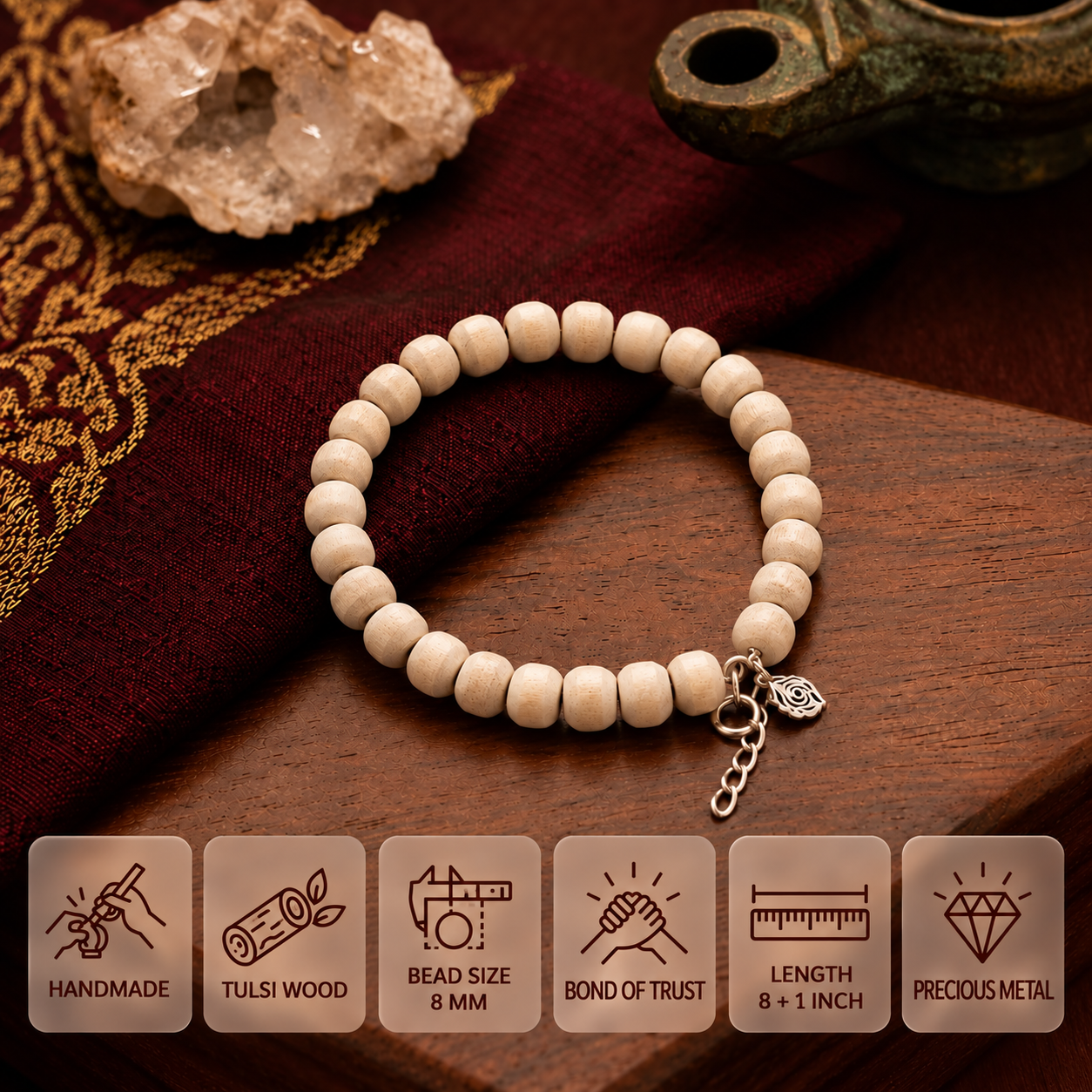 Round Tulsi bead bracelet with a charm and extension chain, showing 8 mm beads and an 8 + 1 inch length.