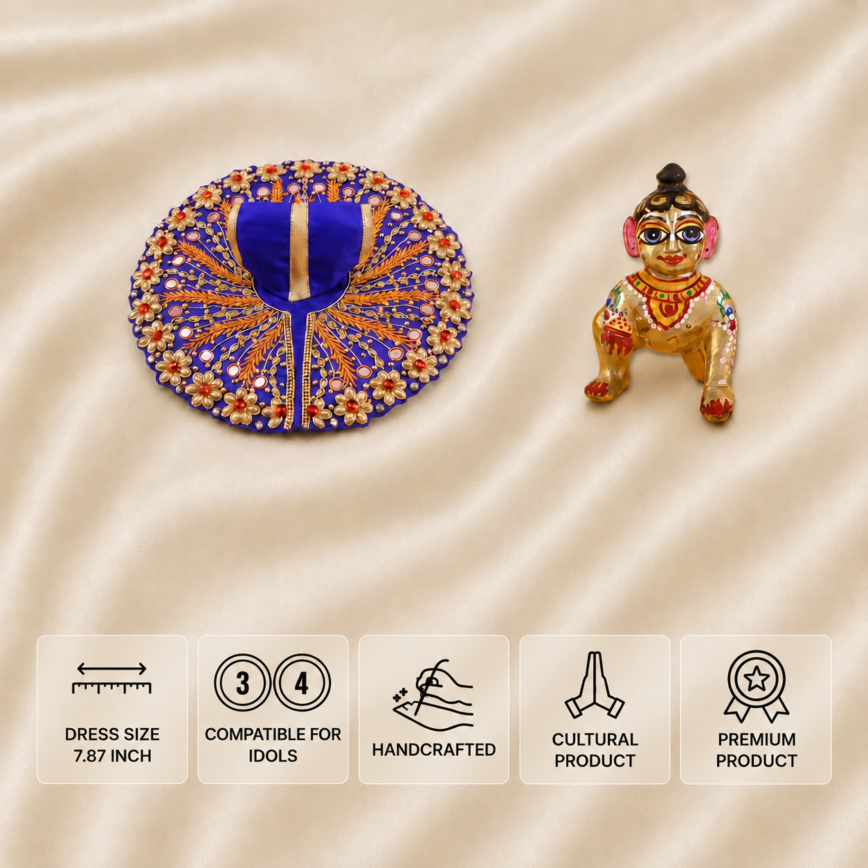 Royal blue handcrafted Laddu Gopal dress for 3 and 4 number idols with golden floral embroidery and pearl detailing.