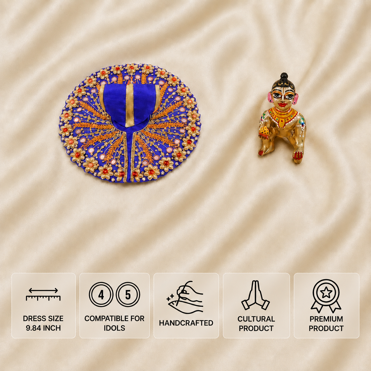 Royal blue handcrafted Laddu Gopal dress for 4 and 5 number idols with golden floral embroidery and pearl detailing.