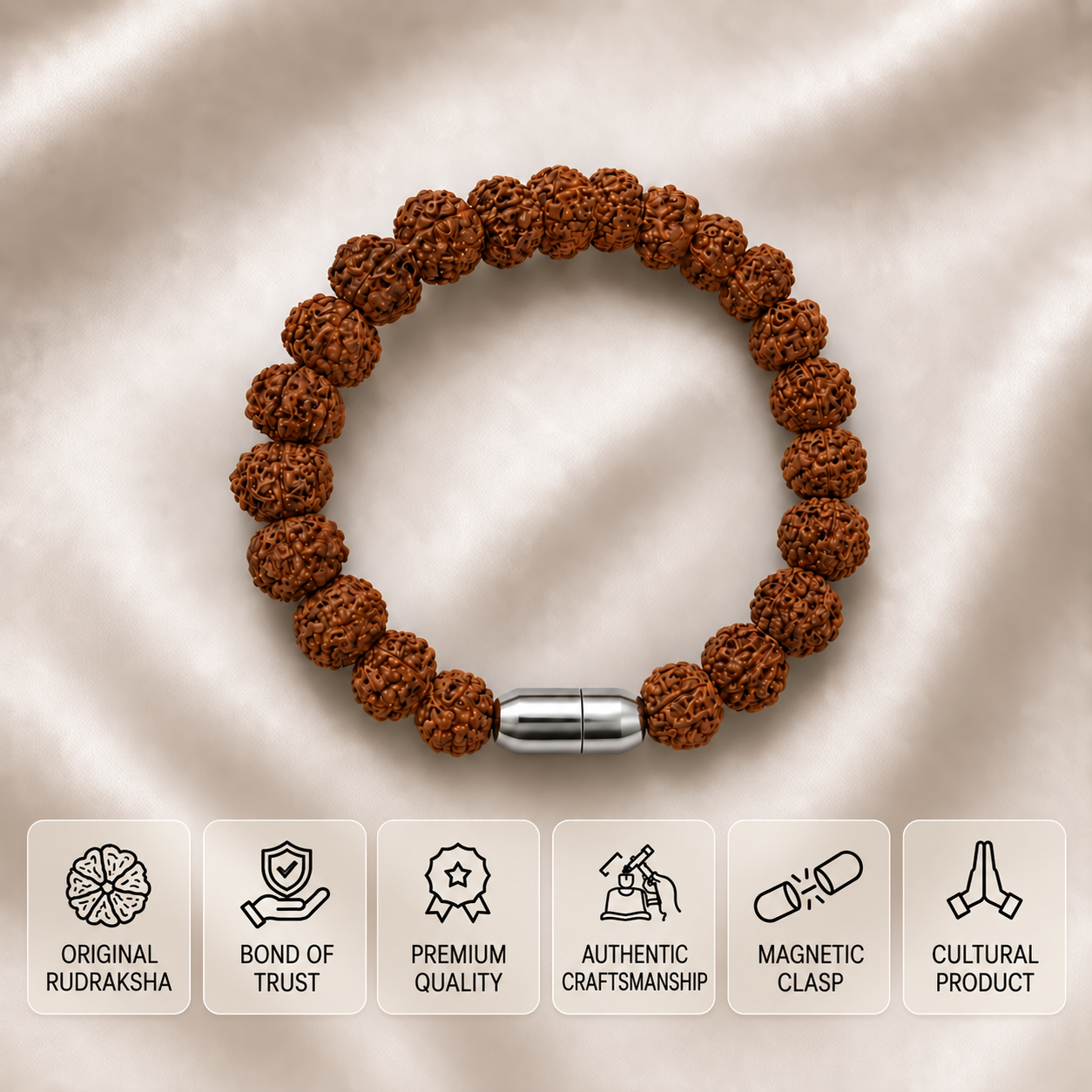 Small-bead Rudraksha bracelet with a magnetic clasp on beige fabric, with six feature cards.