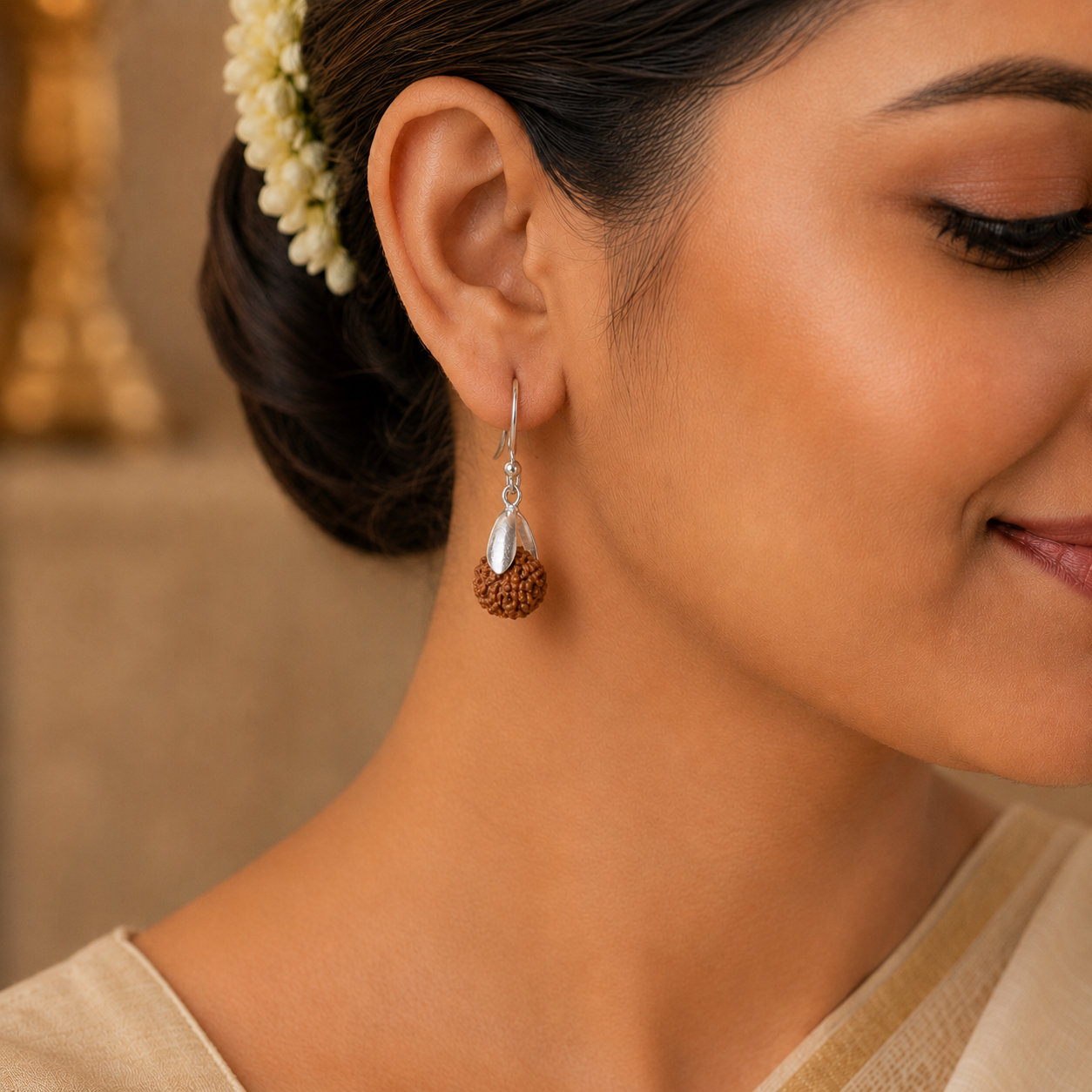 Authentic natural Rudraksha pure silver dangle earrings worn by woman