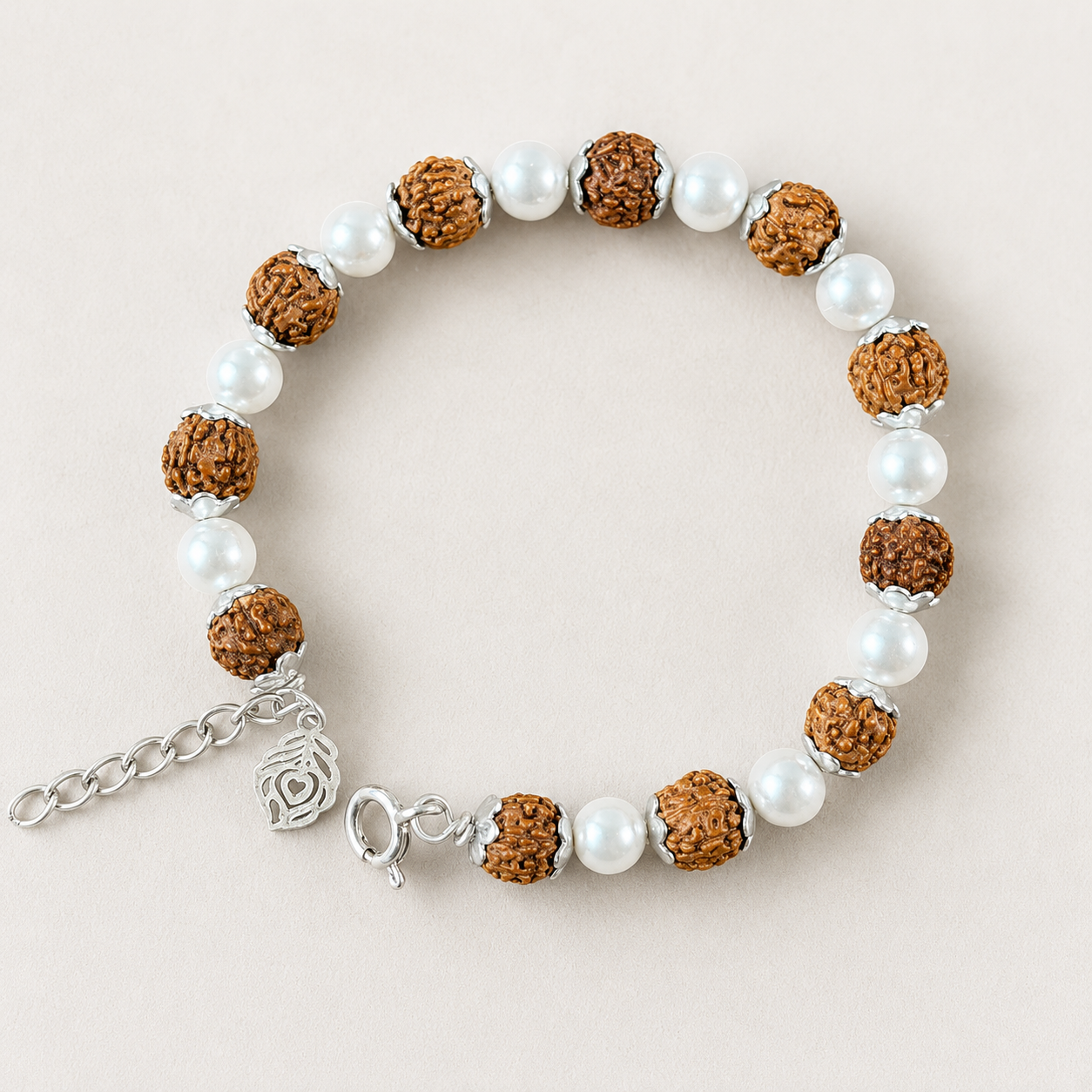 Bead size and dimension guide for silver rudraksha white pearl bracelet