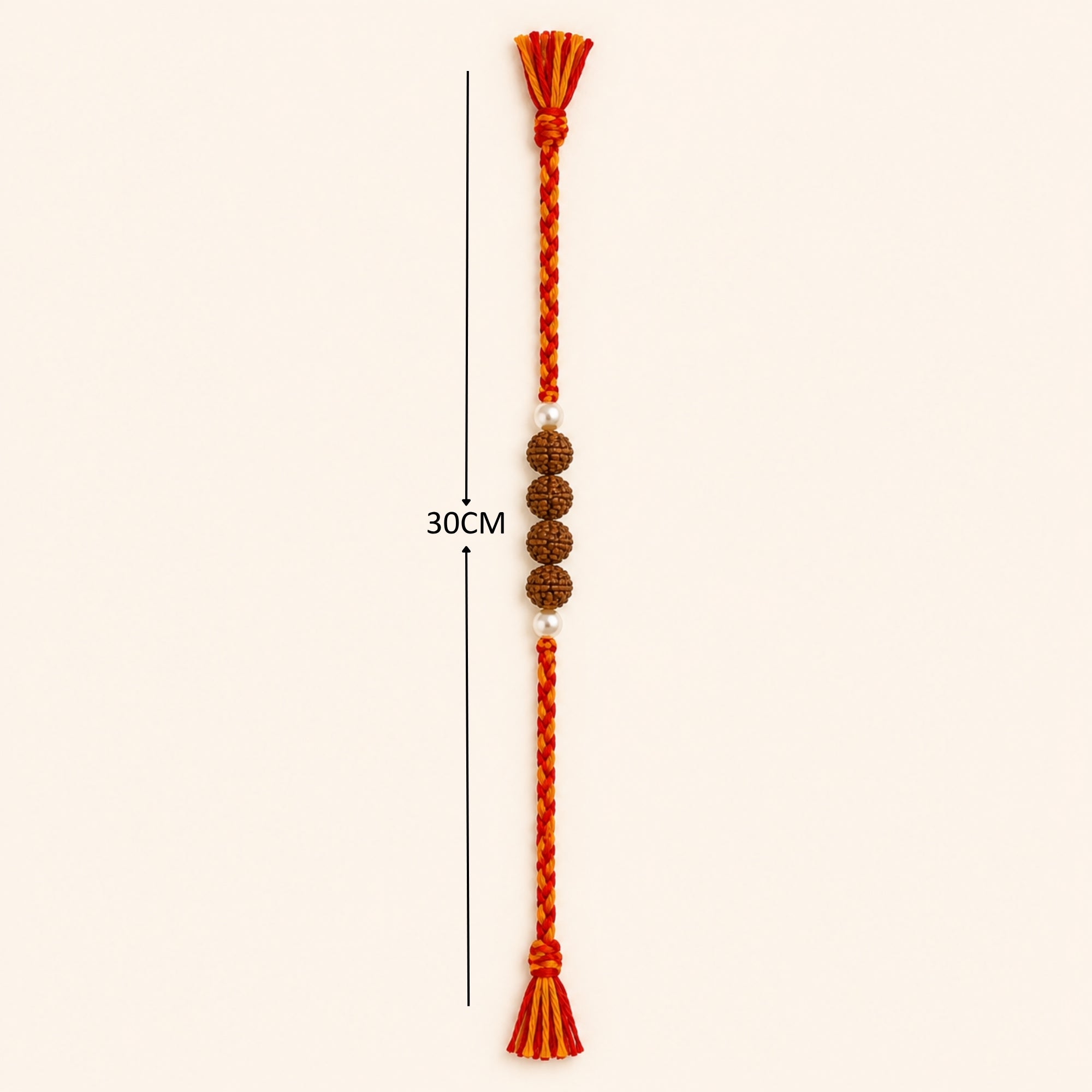 Full length layout showing thread length and dimensions of natural Rudraksha rakhi