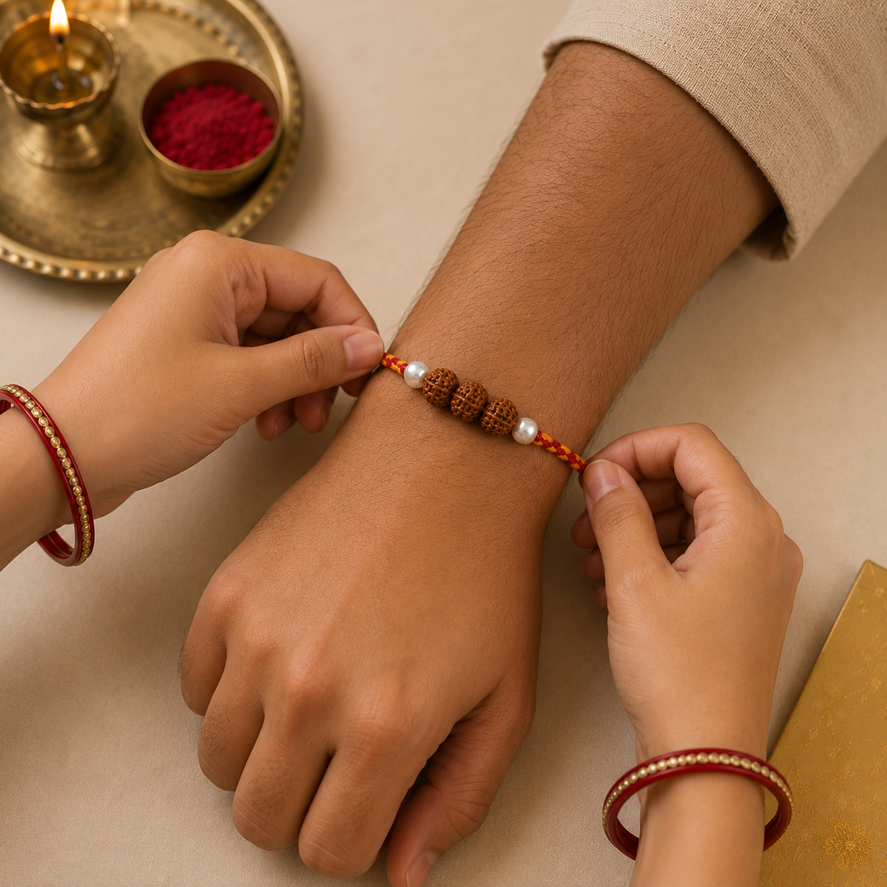 Hands tying sacred trio Rudraksha pearl rakhi on brother wrist for Raksha Bandhan