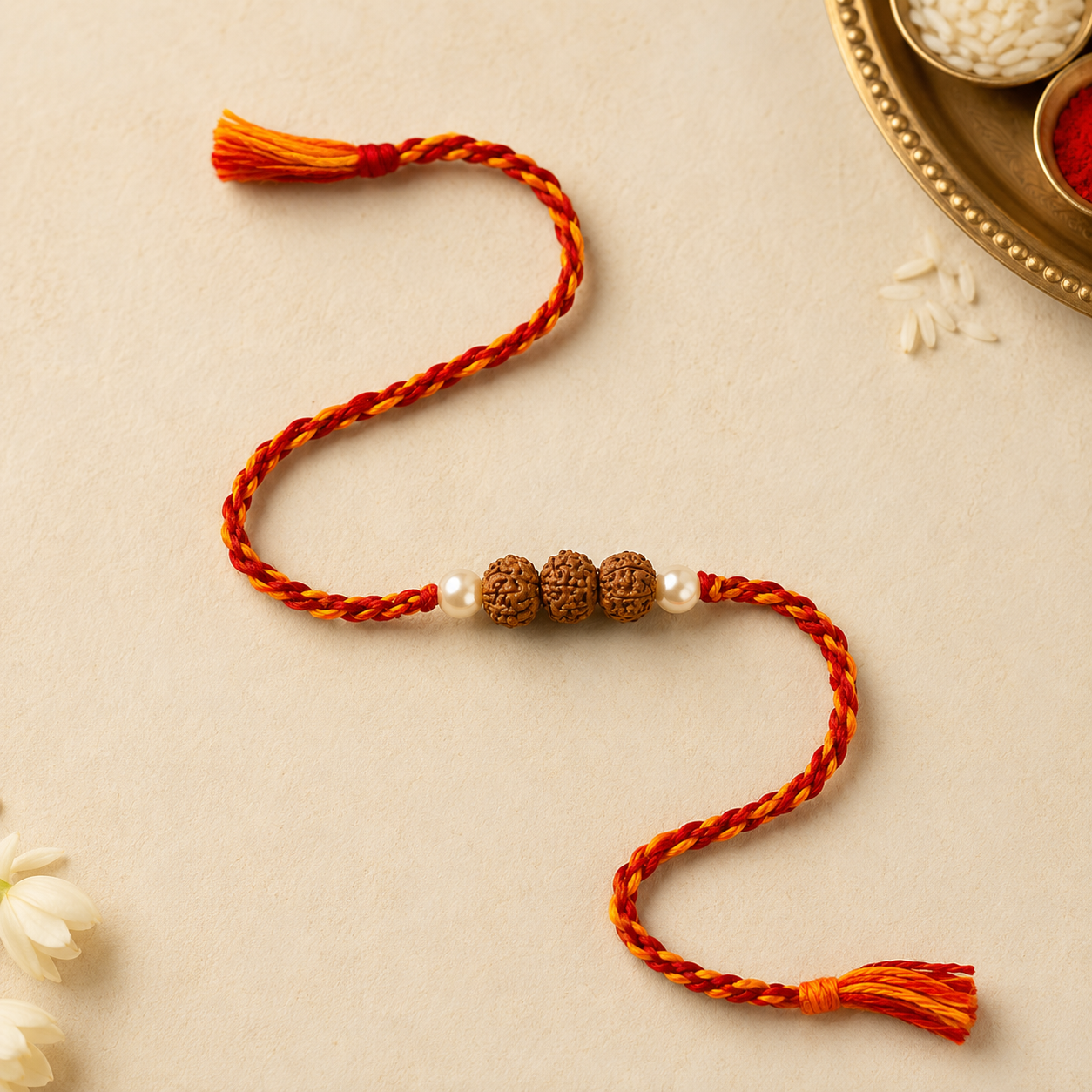 Sacred trio Rudraksha pearl rakhi with red and orange braided thread cord flat lay view