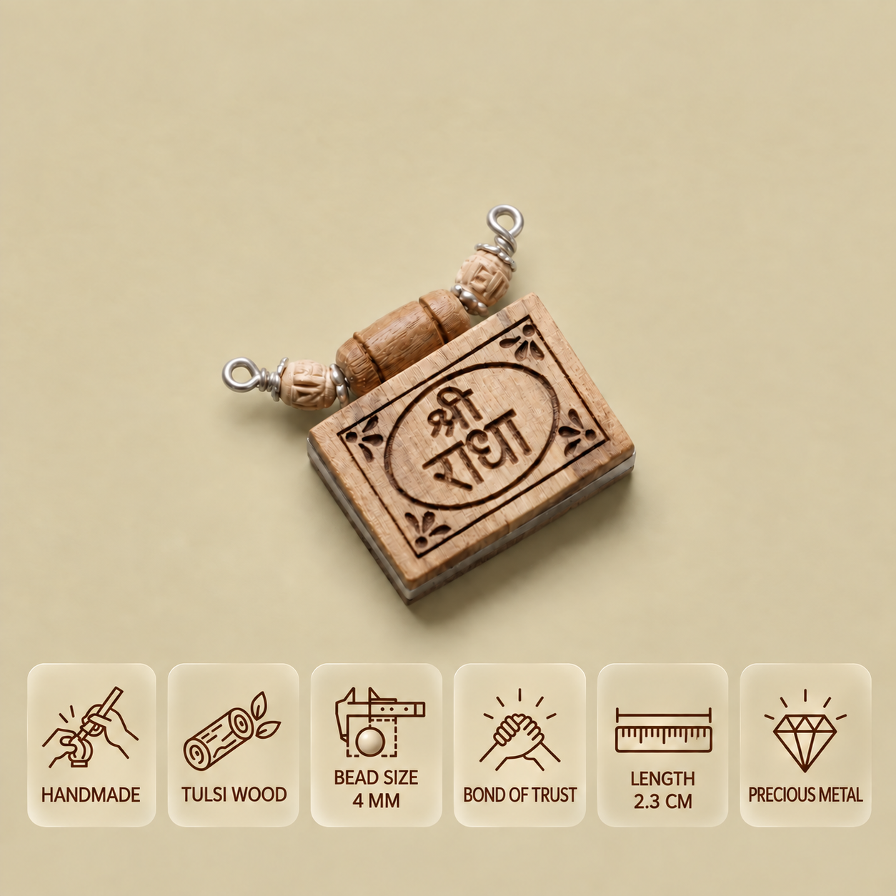 Rectangular Tulsi wood pendant engraved with Shri Radha, with 4 mm beads and a 2.3 cm length.