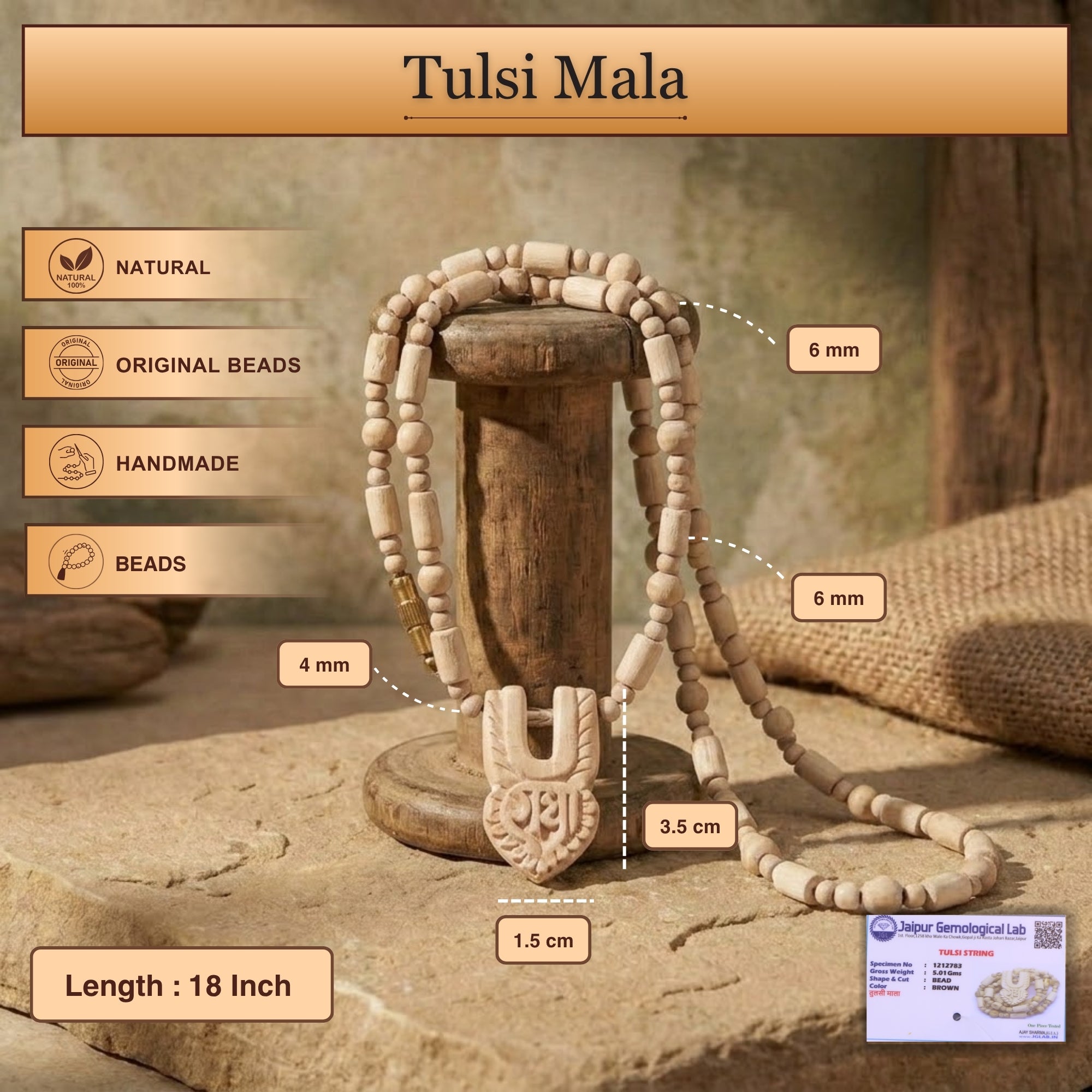Size and length dimensions showing the 18 inch authentic Tulsi wood kanthi mala and tilak pendant