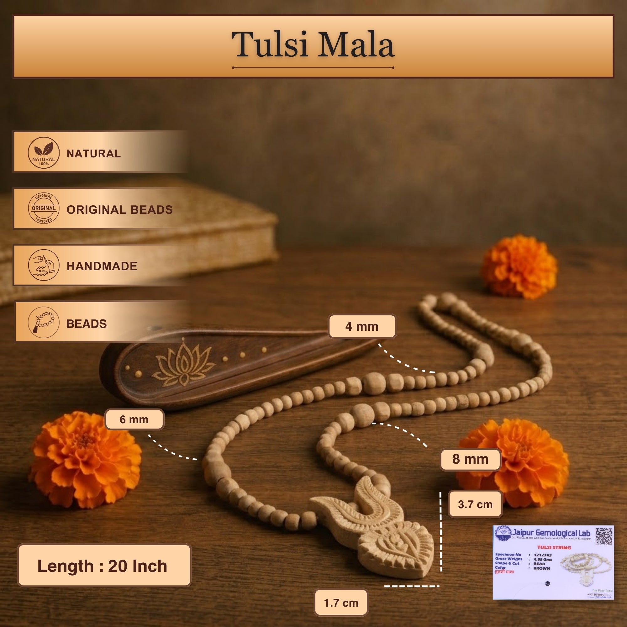 Size and length dimensions of the 20 inch Tulsi wood kanthi mala and tilak pendant