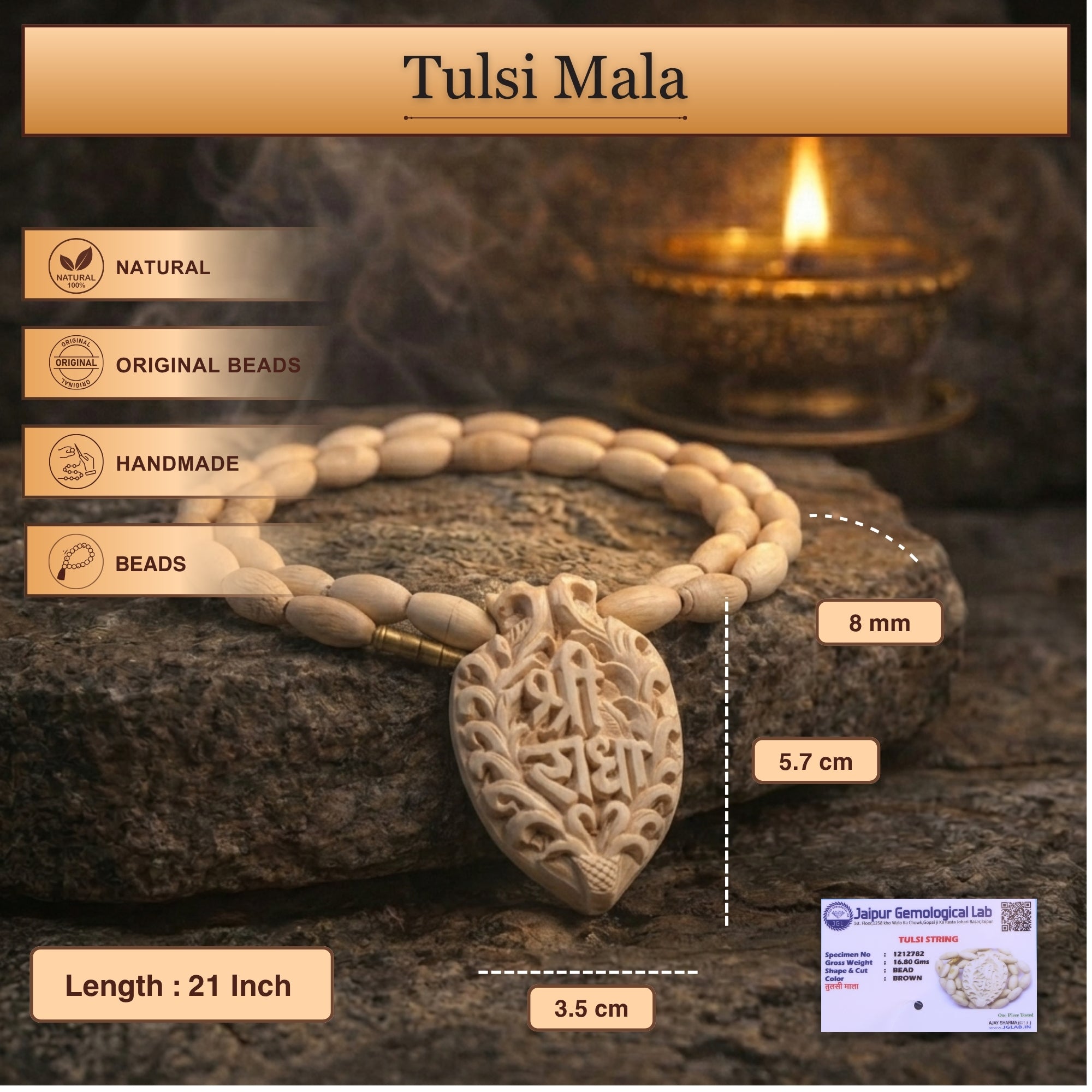 Size and dimension details of the authentic Tulsi wood Shri Radha name pendant and mala beads