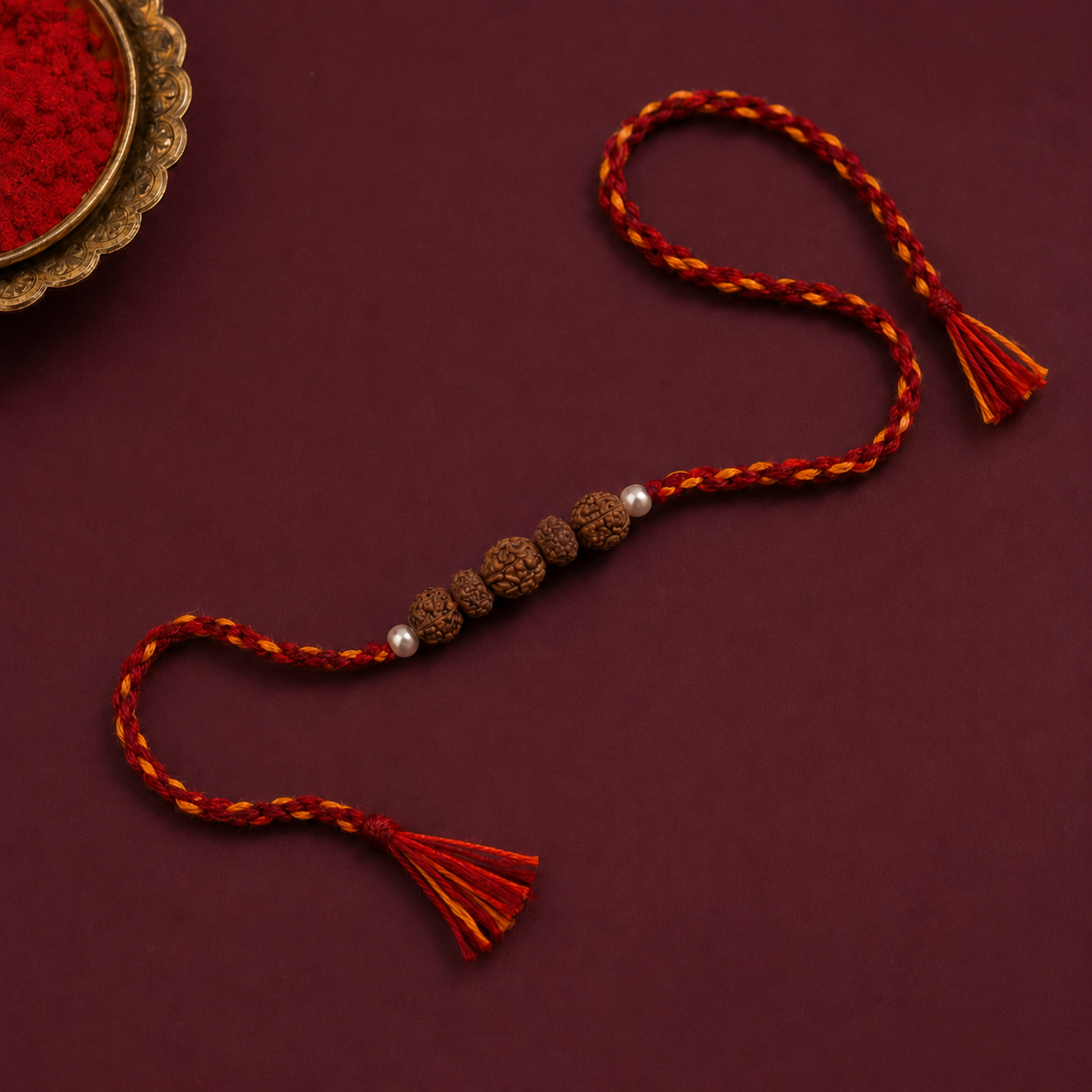 Shubh Rudraksha pearl sacred rakhi on deep maroon background with red and yellow dori
