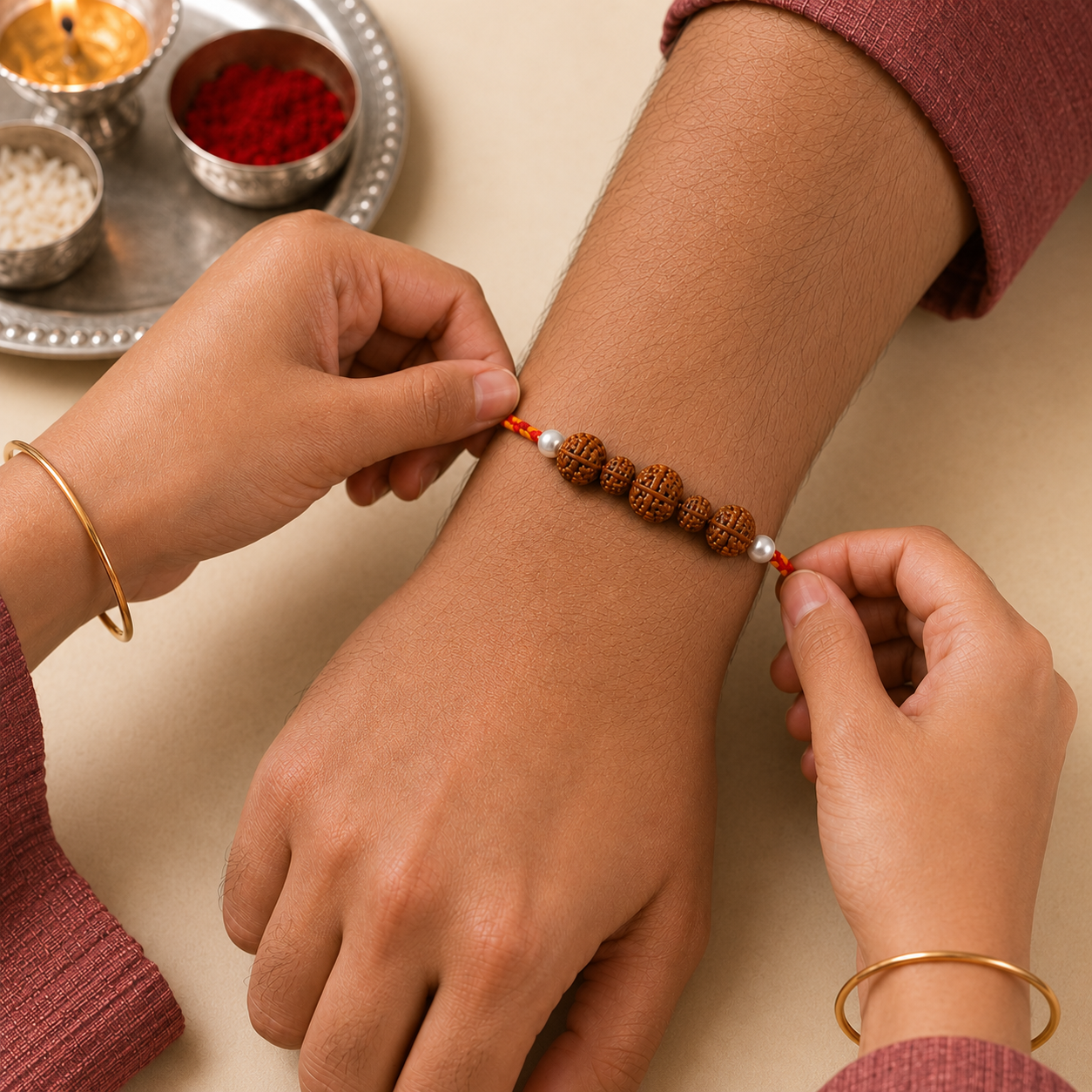 Hands tying Shubh Rudraksha pearl sacred rakhi on brother wrist for Raksha Bandhan
