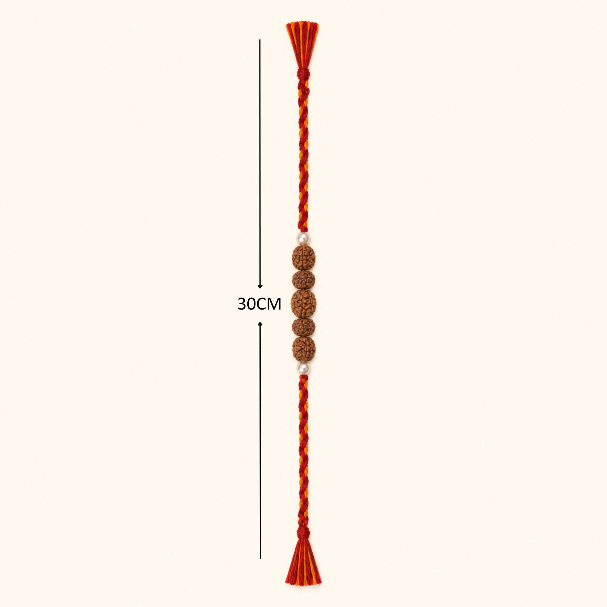 Full length layout showing thread length and dimensions of Shubh Rudraksha pearl rakhi