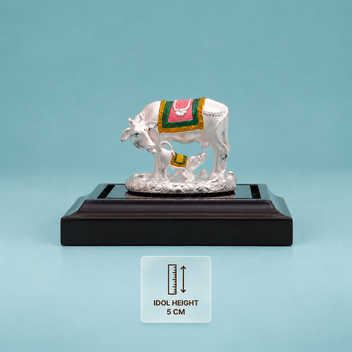 Silver cow and calf idol with colourful saddle detailing 5 cm height.