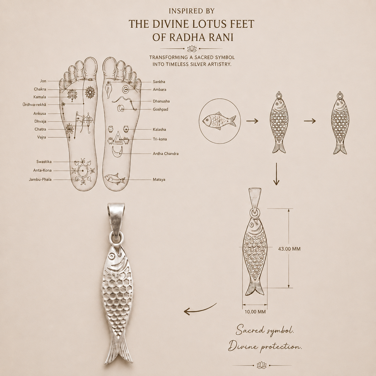 Silver fish pendant inspired by the divine lotus feet of Radha Rani, measuring 43 mm x 10 mm