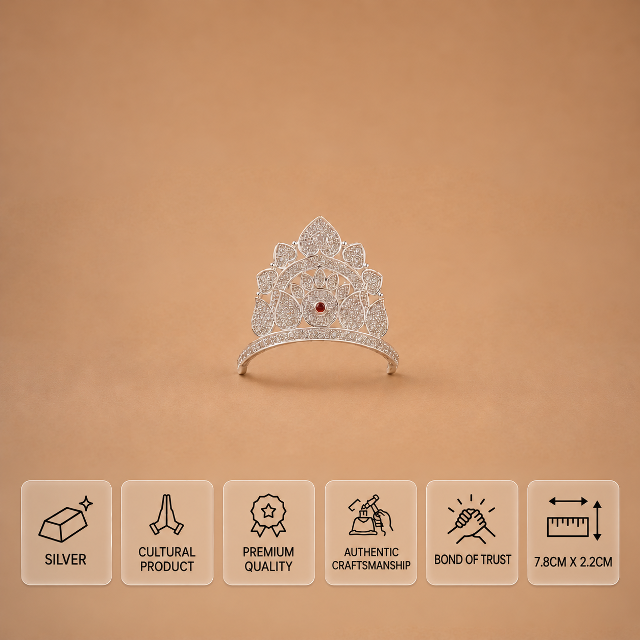 Silver idol crown with leaf filigree and a central red stone, measuring 7.8 × 2.2 cm.