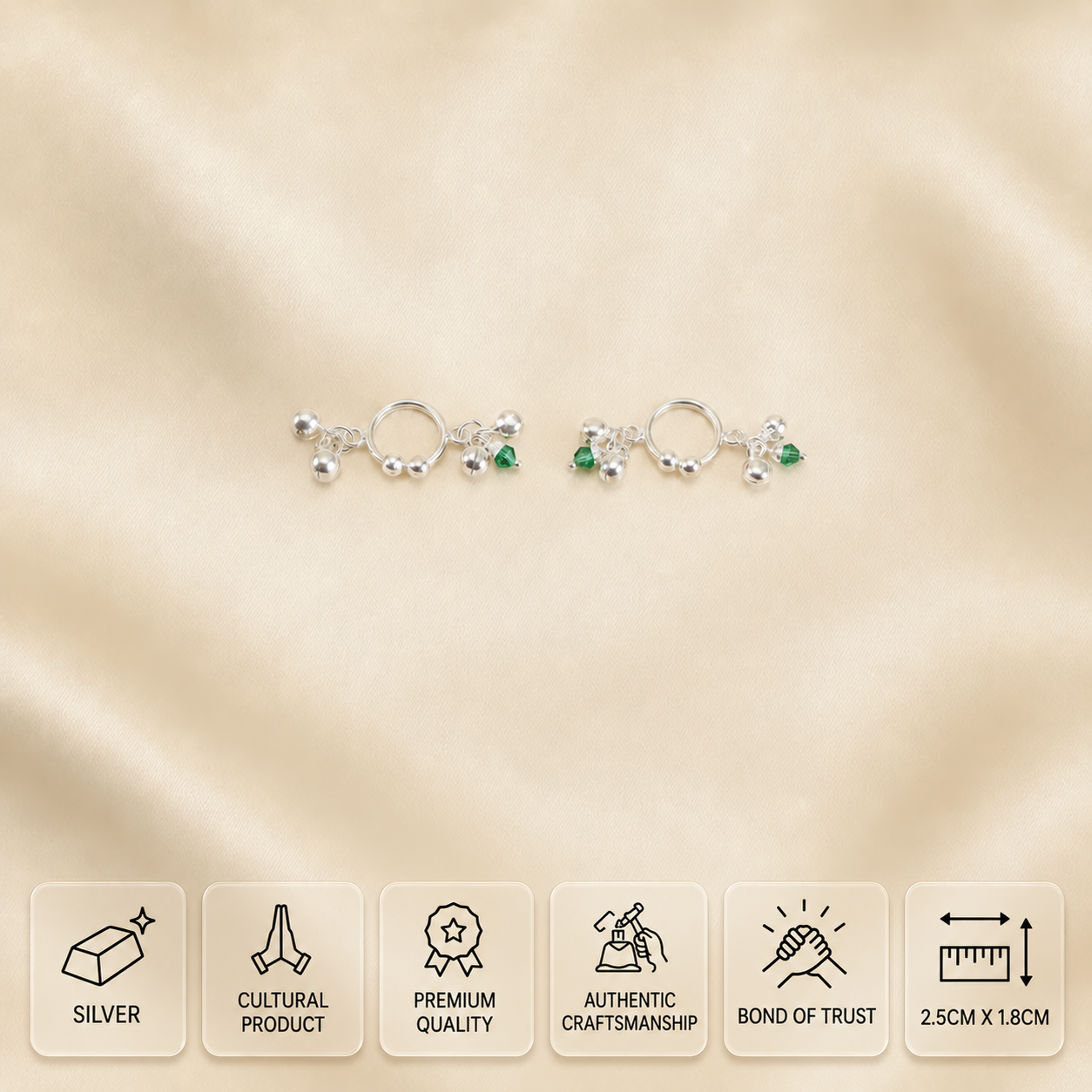 Pair of silver hoop idol ornaments with green beads, measuring 2.5 × 1.8 cm.