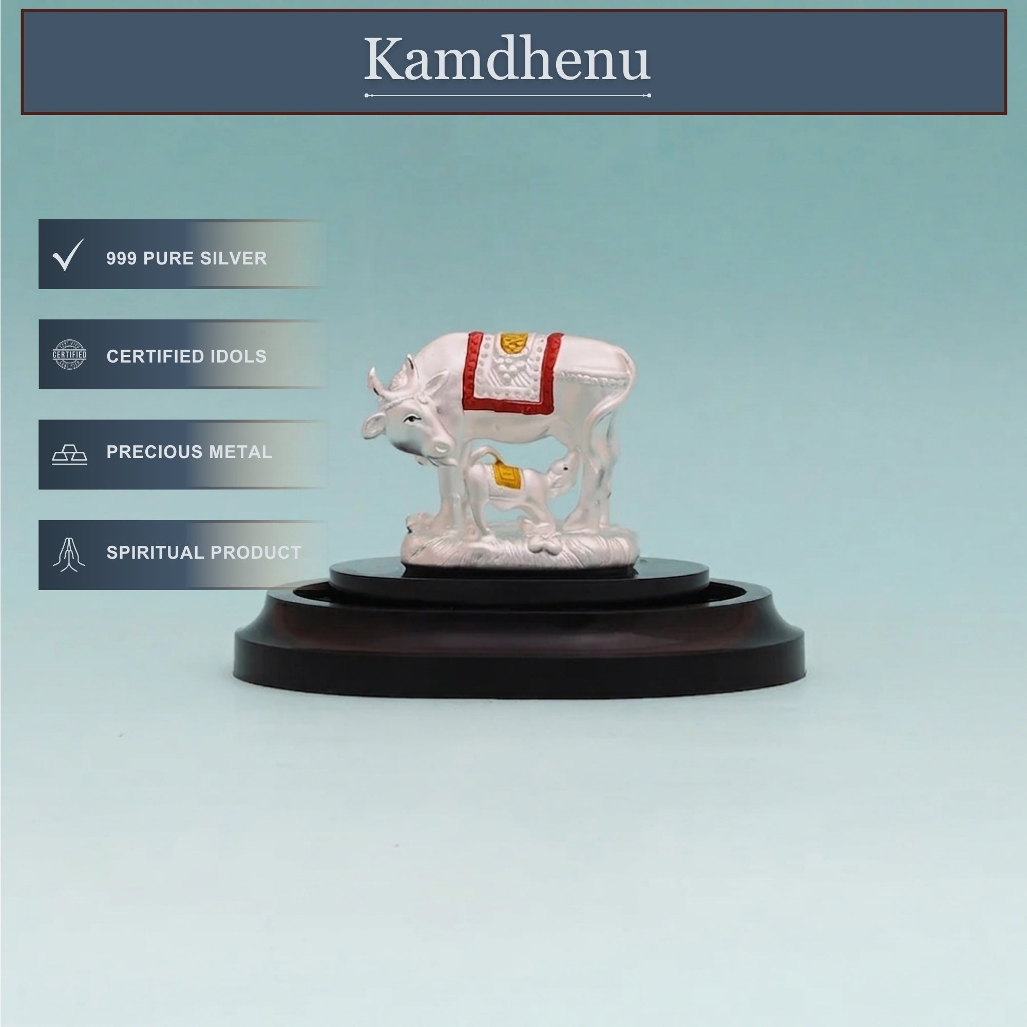 Front angle view of handcrafted pure silver Kamdhenu Cow Vastu murti