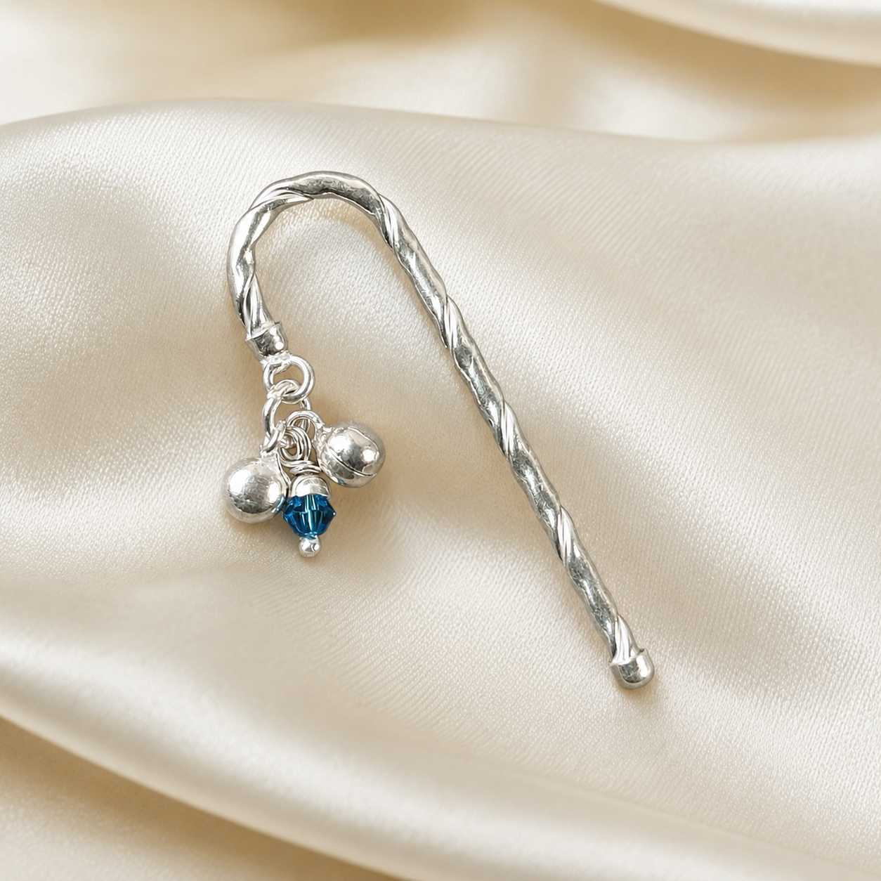 Close-up detail view of handcrafted pure silver Chhadi for Kanha Ji