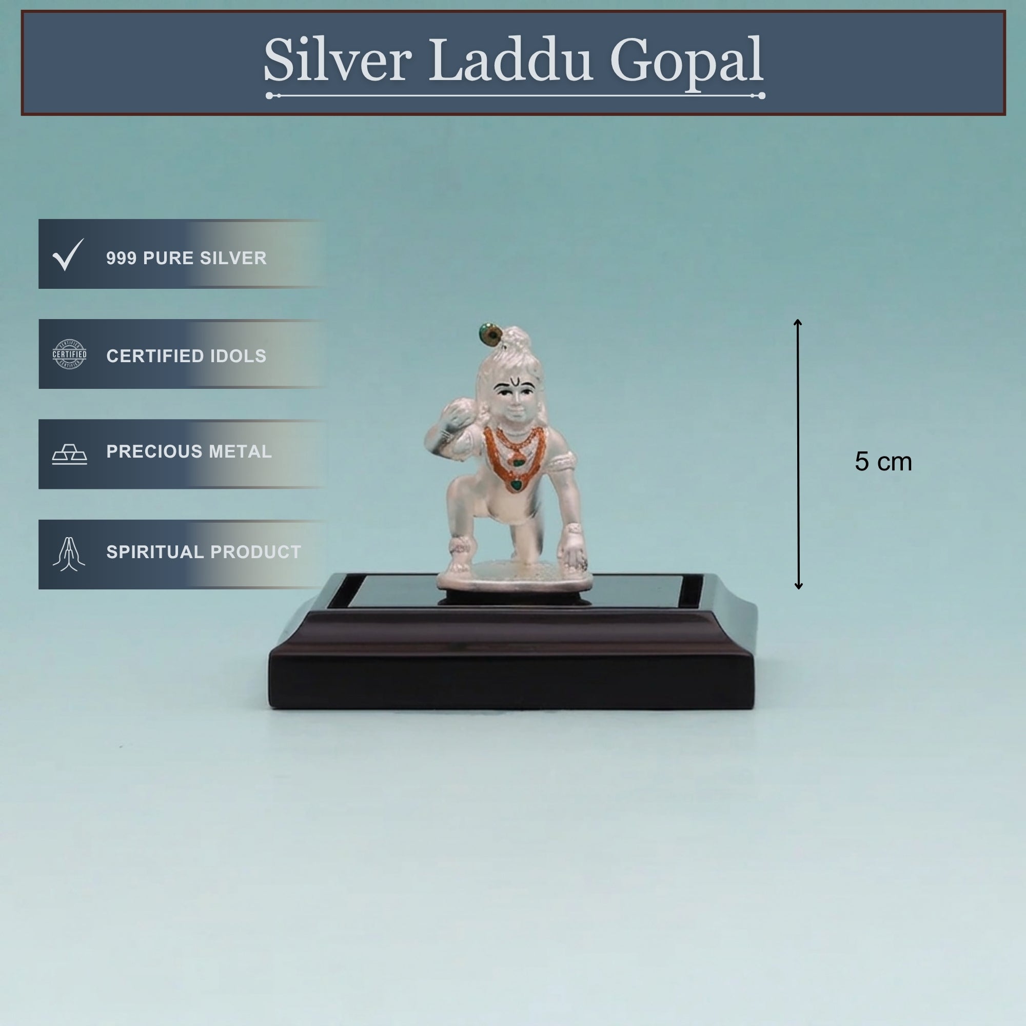 Front angle view of handcrafted pure silver Laddu Gopal small murti