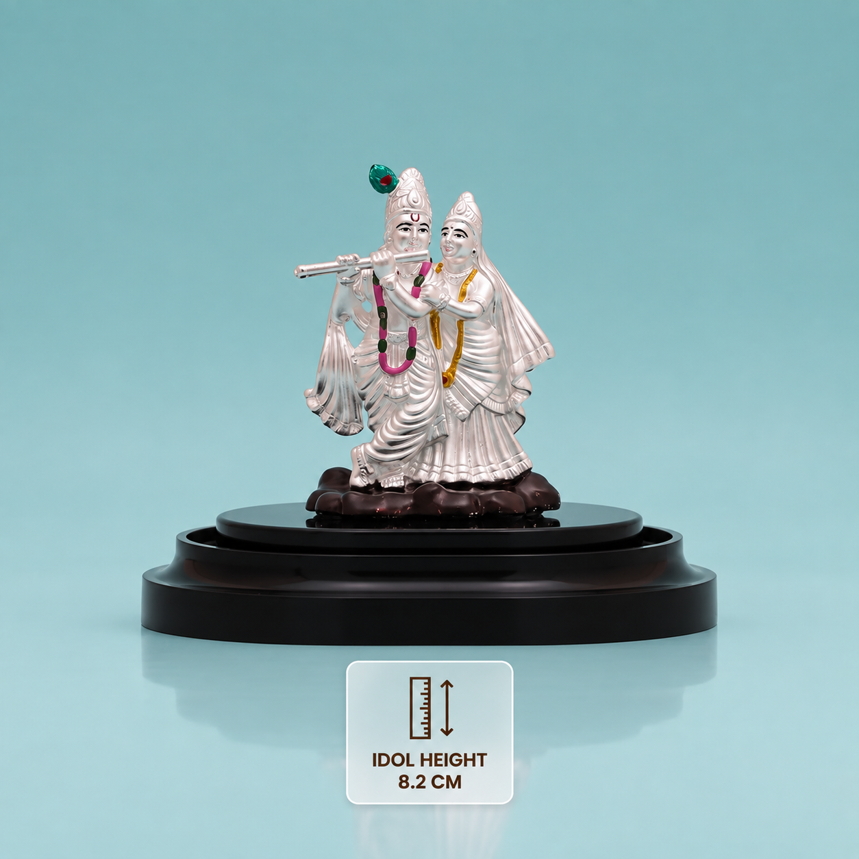 Silver Radha Krishna idol with flute 8.2 cm height.