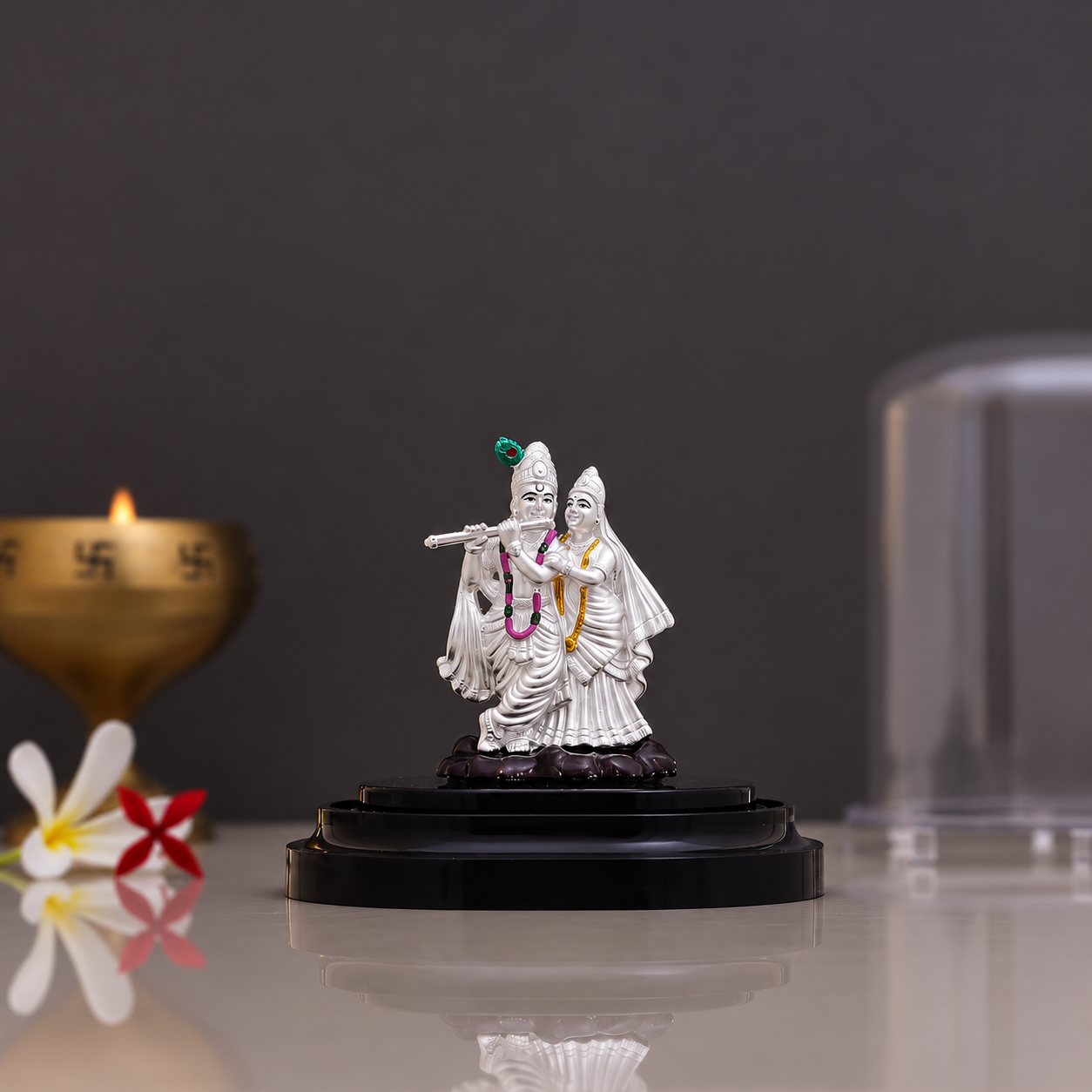 Silver Radha Krishna idol pair with flute