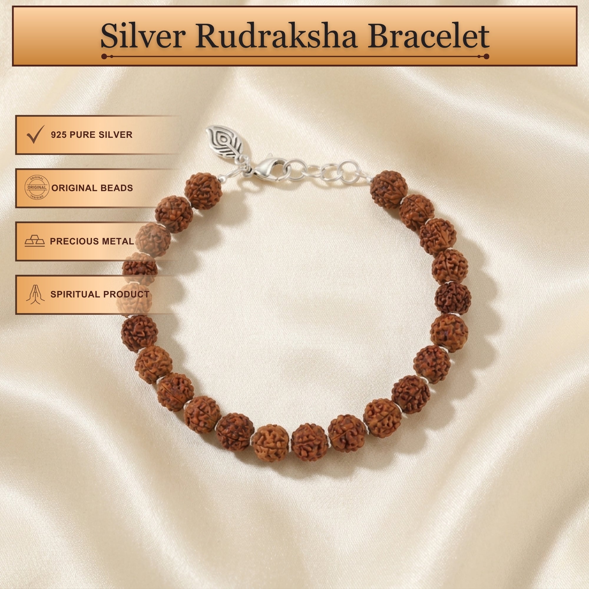 Silver rudraksha bracelet displayed flat with packaging details