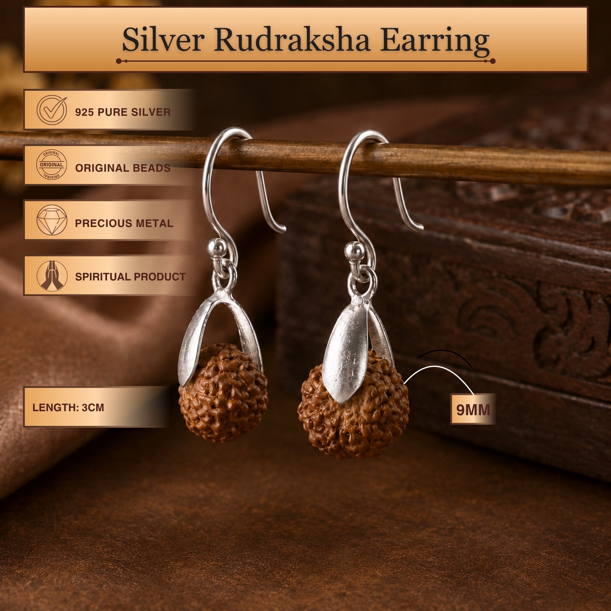 Silver rudraksha earrings displayed flat with product specification details
