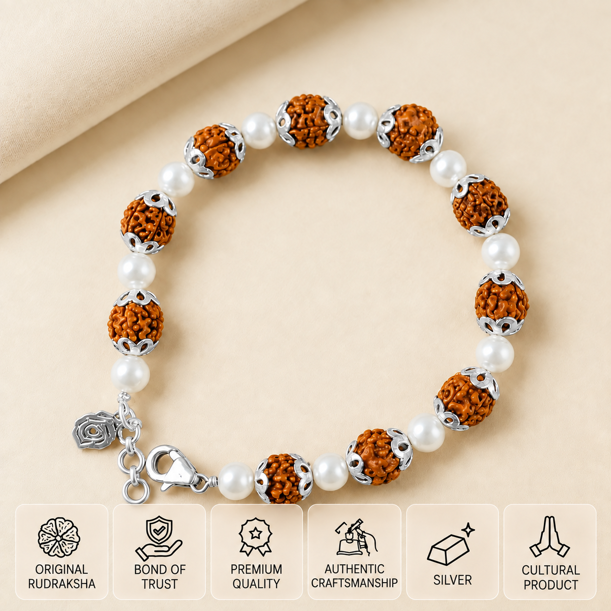 Alternating Rudraksha and pearl bead bracelet with silver caps, extension chain and feather charm.