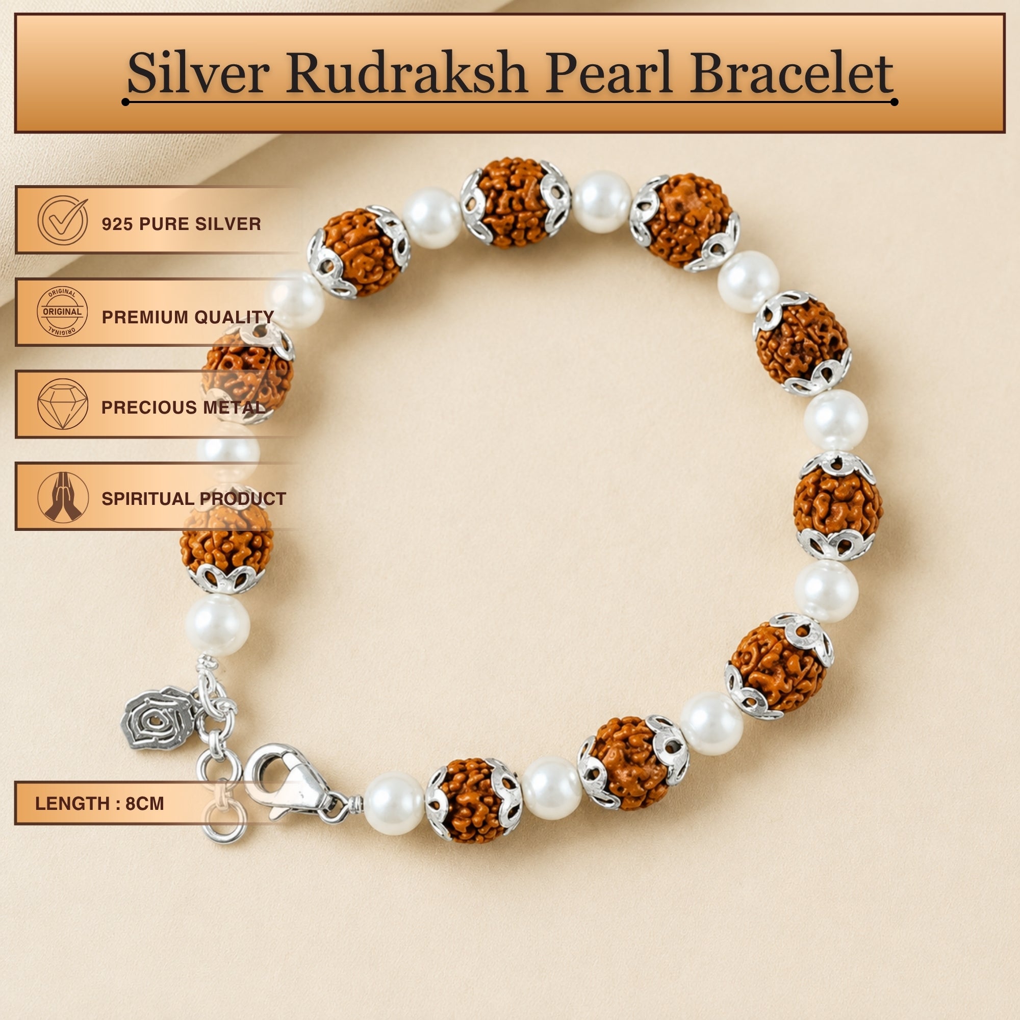 Silver rudraksha pearl bracelet with packaging and specifications card