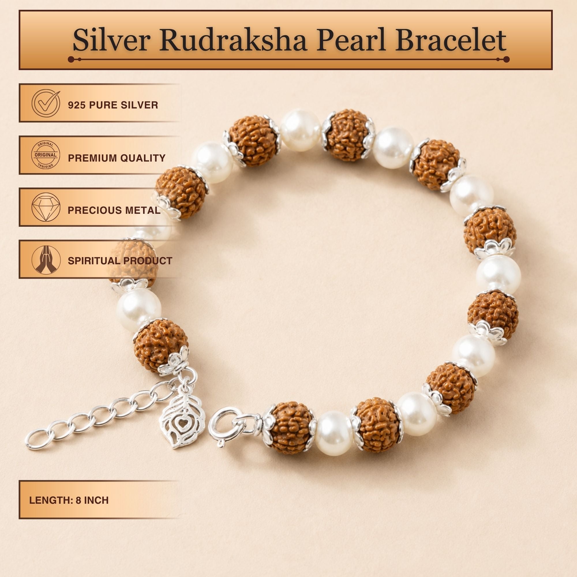Silver rudraksha white pearl bracelet with packaging and specifications card