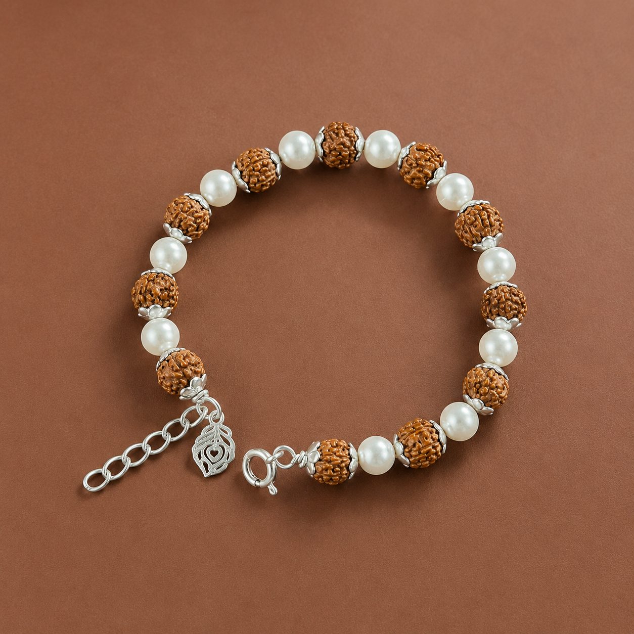 Silver rudraksha white pearl bracelet with silver capping 