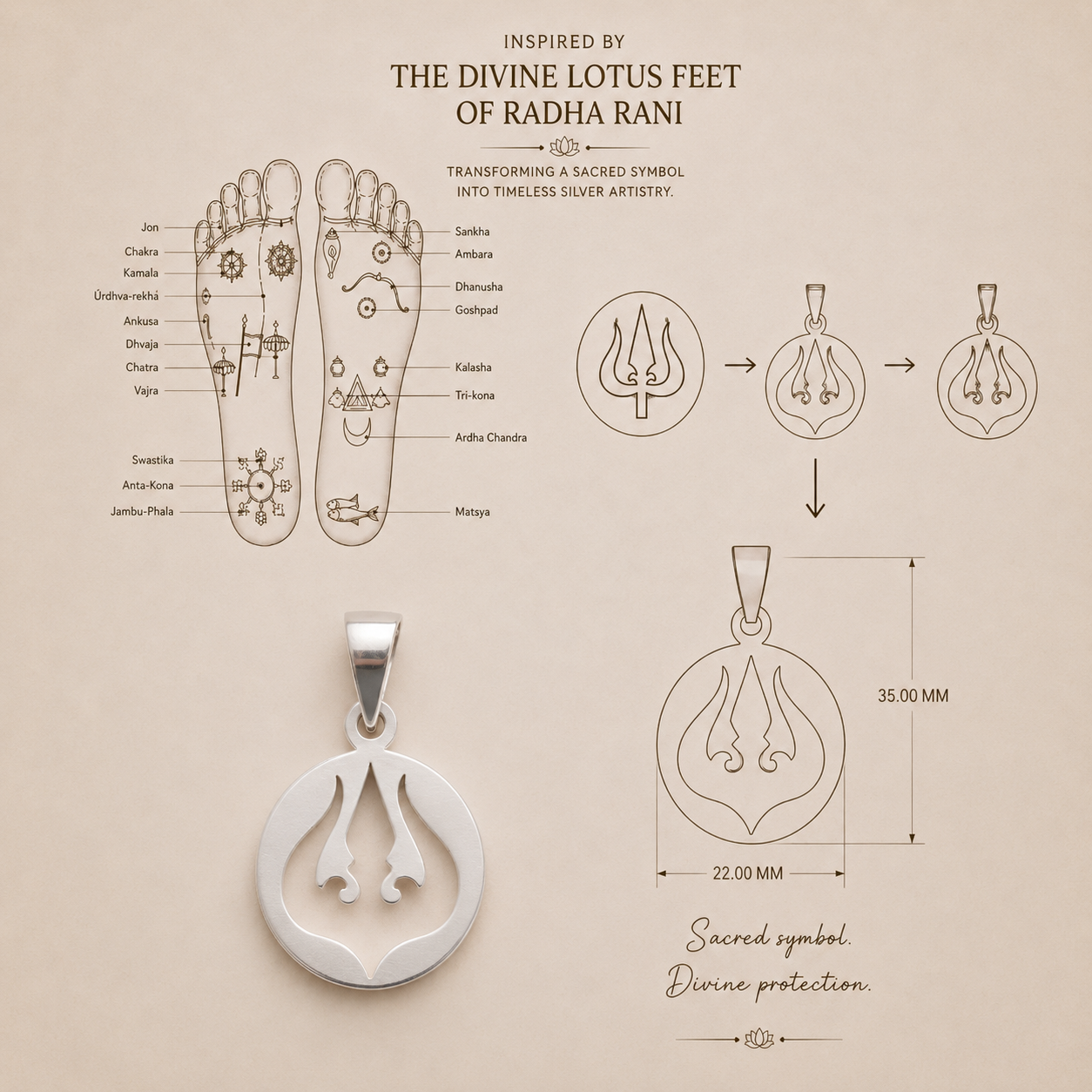 Silver trident pendant inspired by the divine lotus feet of Radha Rani, measuring 35 mm x 22 mm