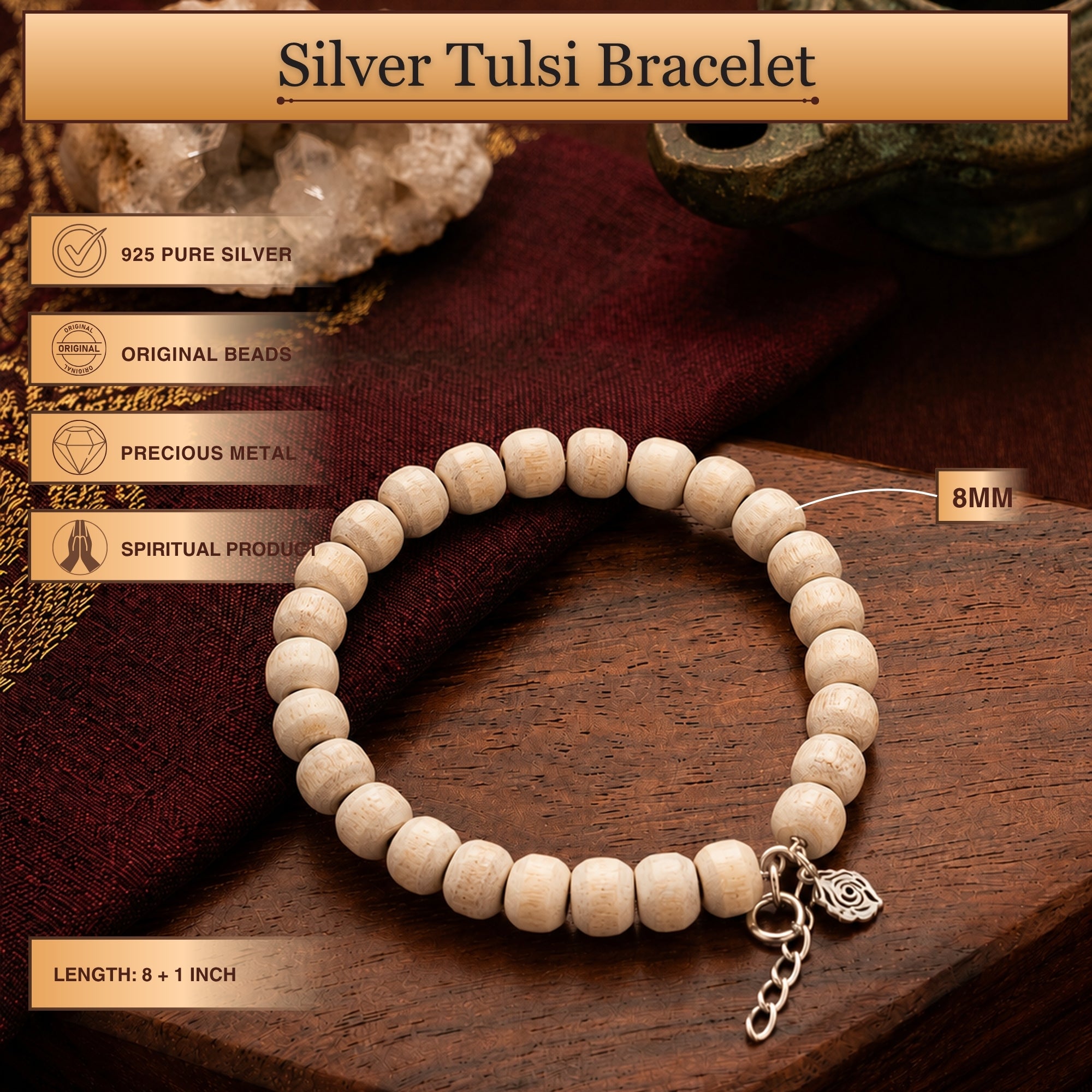Size and length dimensions of the silver and authentic Tulsi bead bracelet