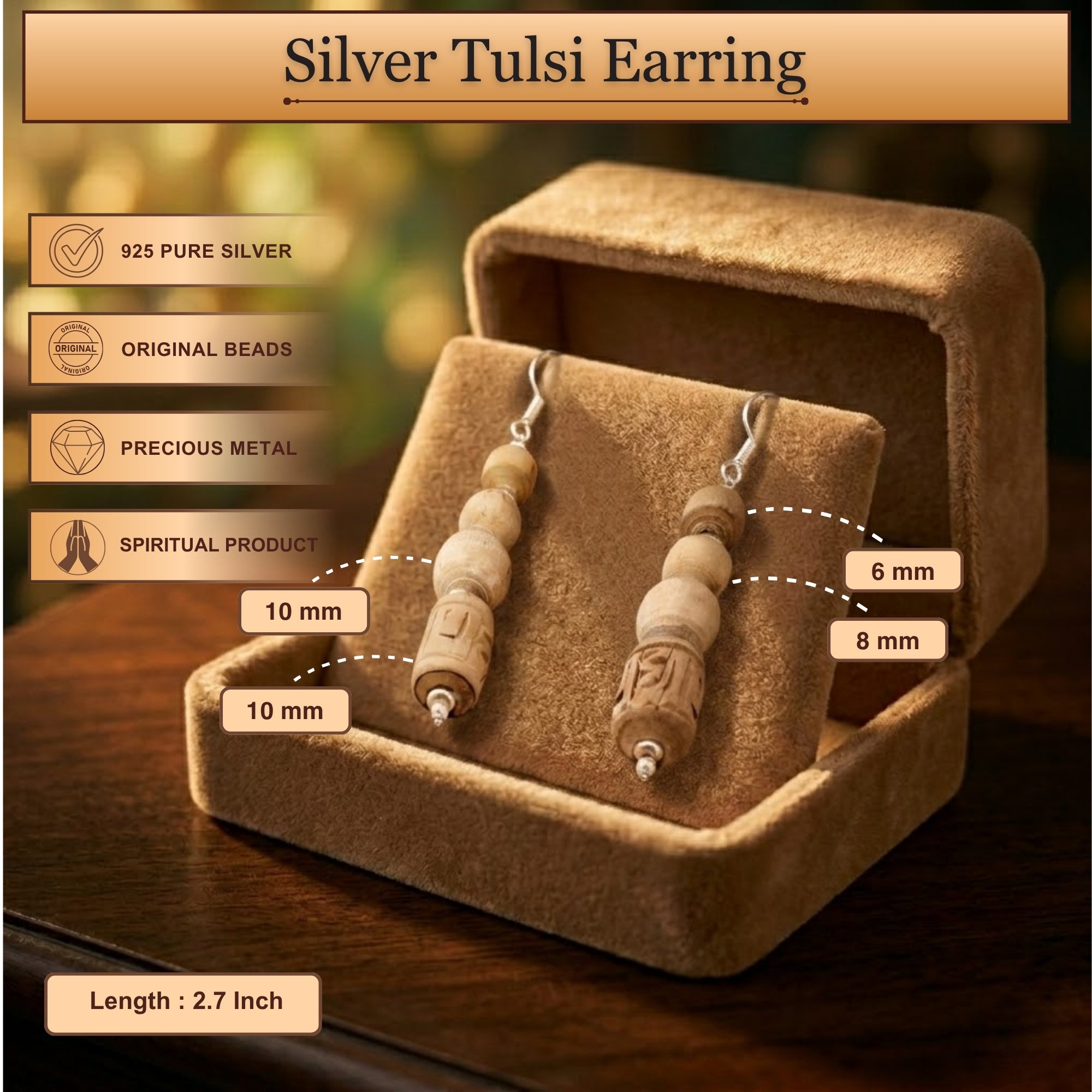 Length and size dimensions of the silver and carved authentic Tulsi bead earrings