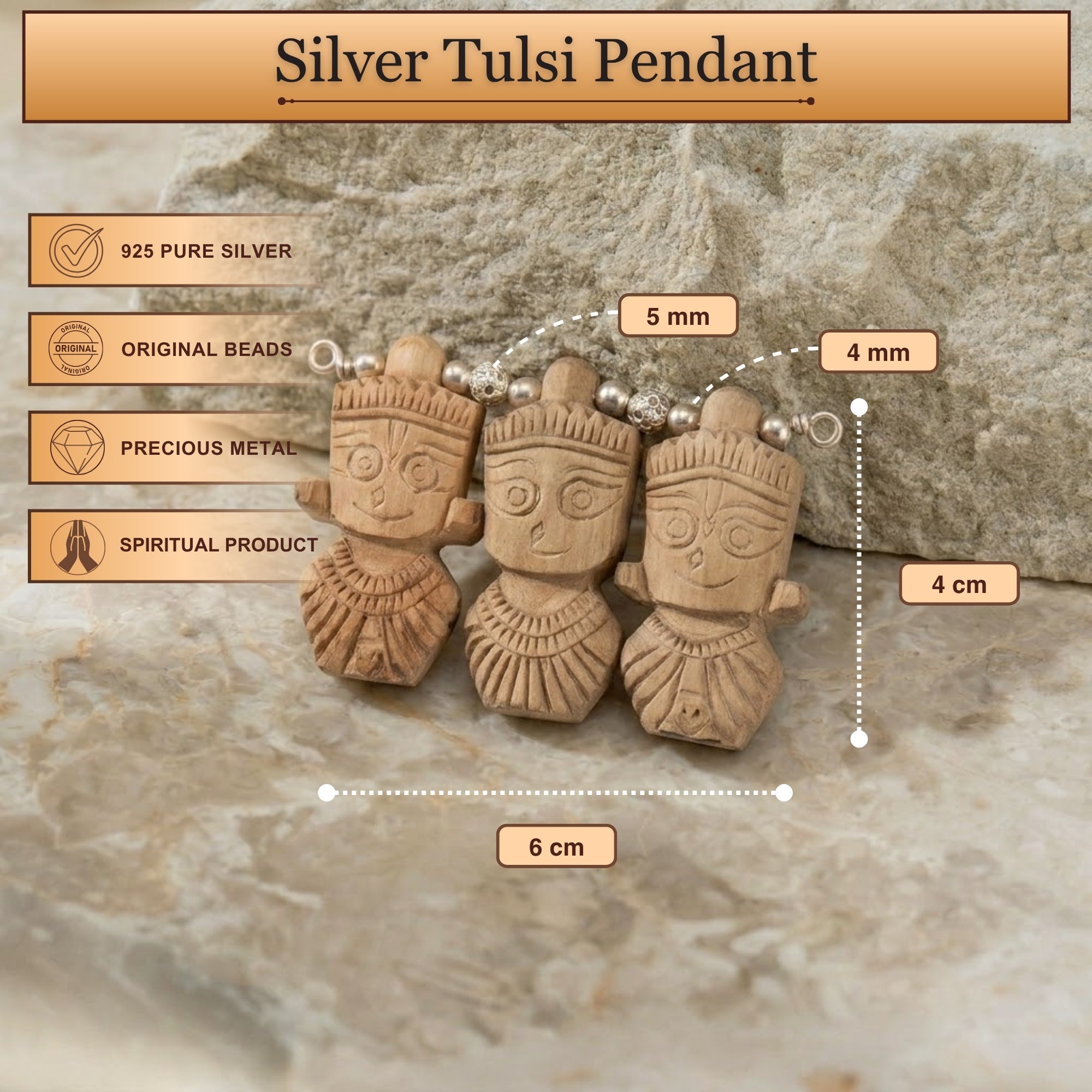 Size and dimension details of the silver Tulsi Jagannath, Balbhadra, and Subhadra pendant