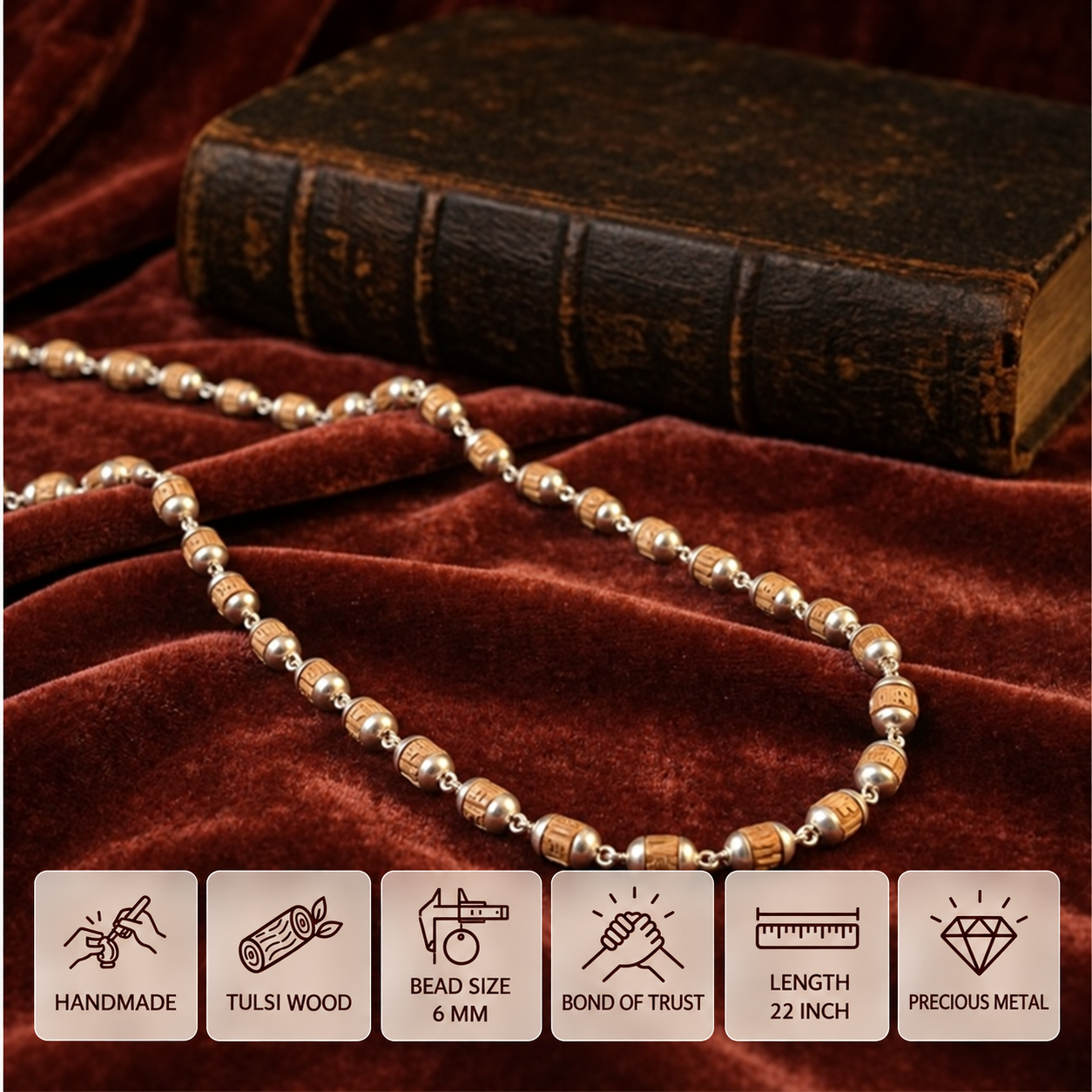 Silver Tulsi mala displayed on brown velvet, with feature cards showing 6 mm bead size and 22 inch length.