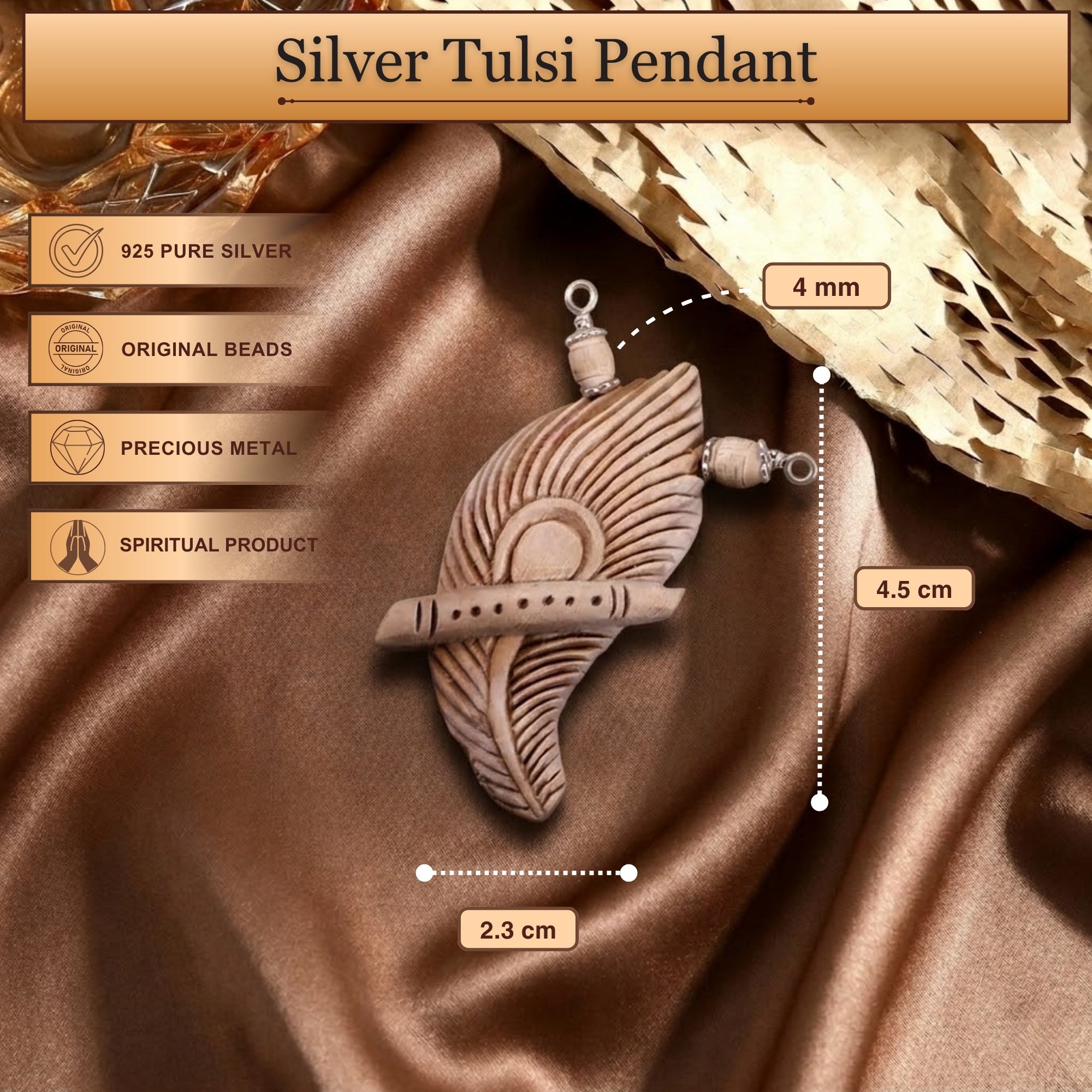 Size and dimension details of the silver Tulsi Mor Pankh flute pendant